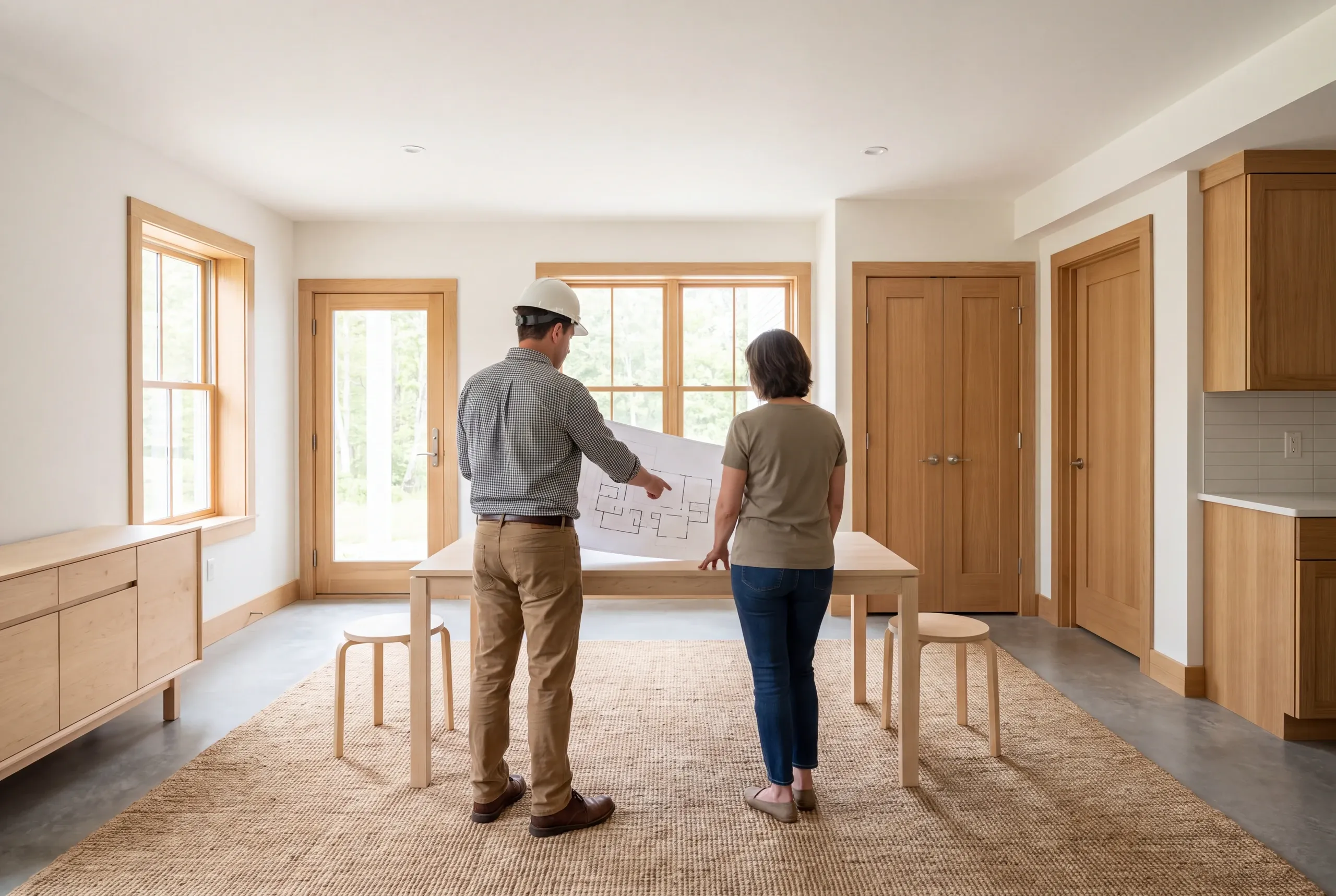 Two adults stand from behind reviewing a floor plan on a table in a finished room with wooden trim and closed doors.