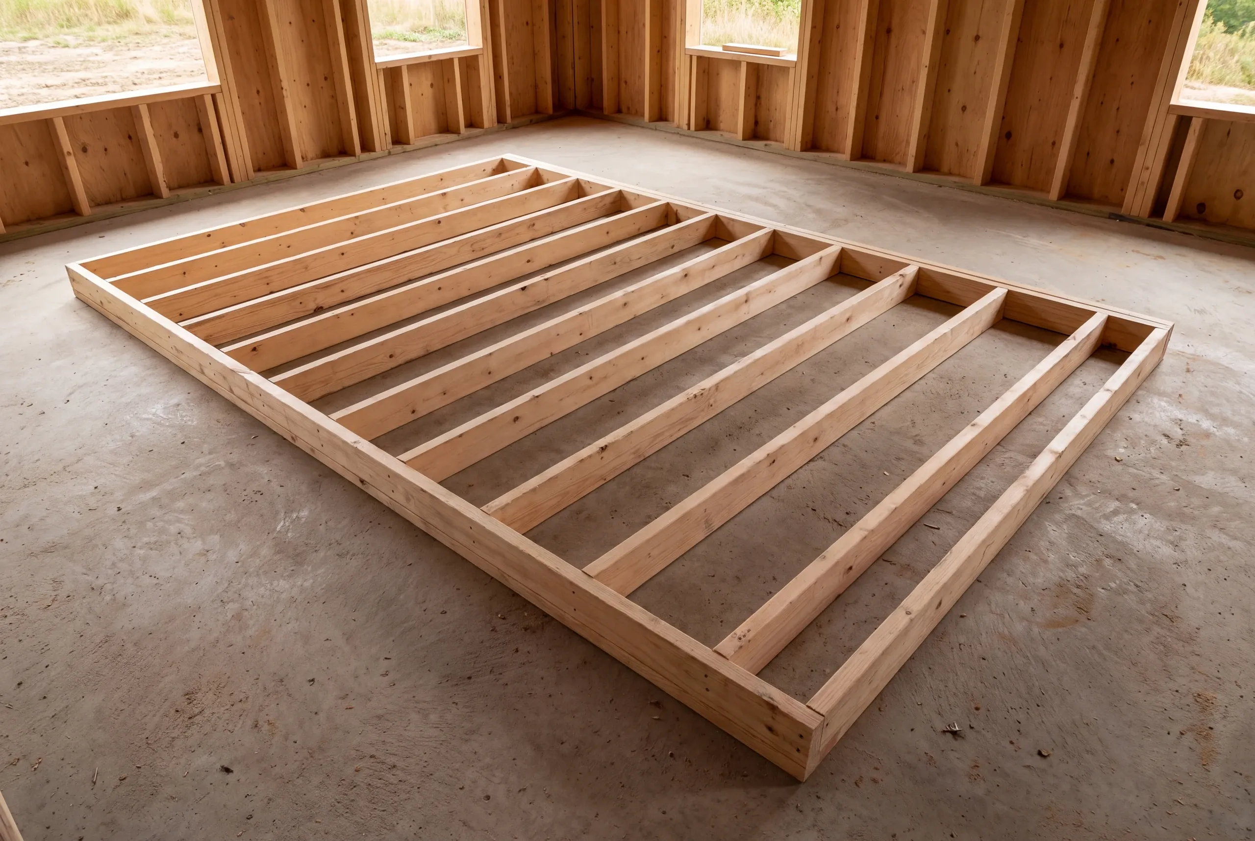 A wooden rectangular wall frame lies flat on a concrete floor inside a framed room with exterior walls.