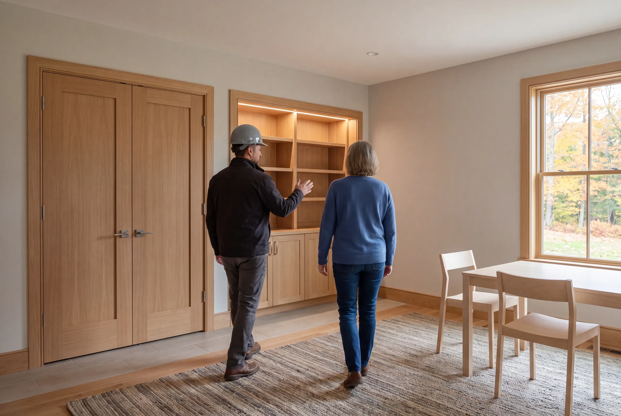 Two adults stand in a finished room with wooden trim, built-in shelving, and a double door.