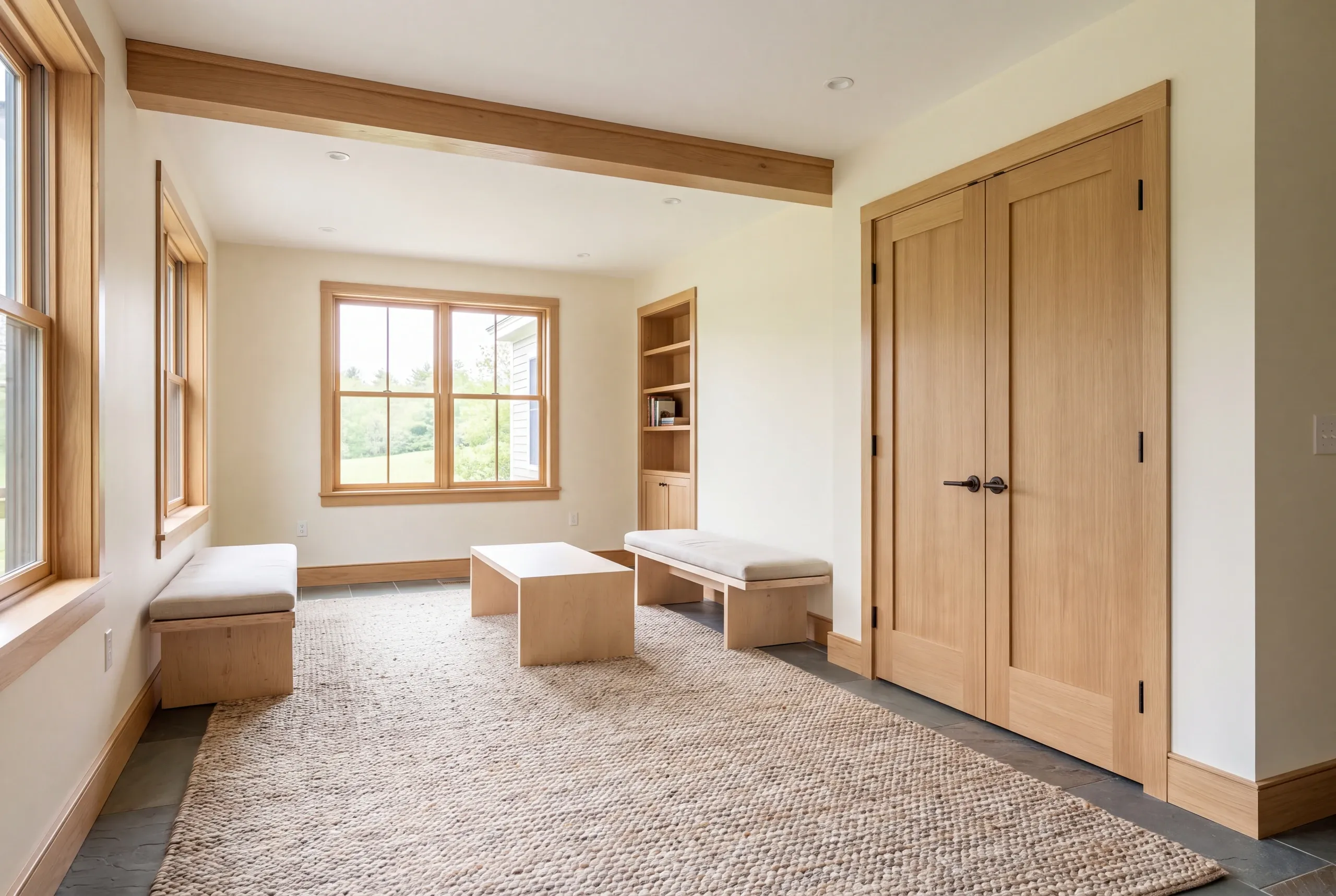 A finished room with light wood trim, a large rug, built-in benches, double doors, and windows showing an outdoor view.
