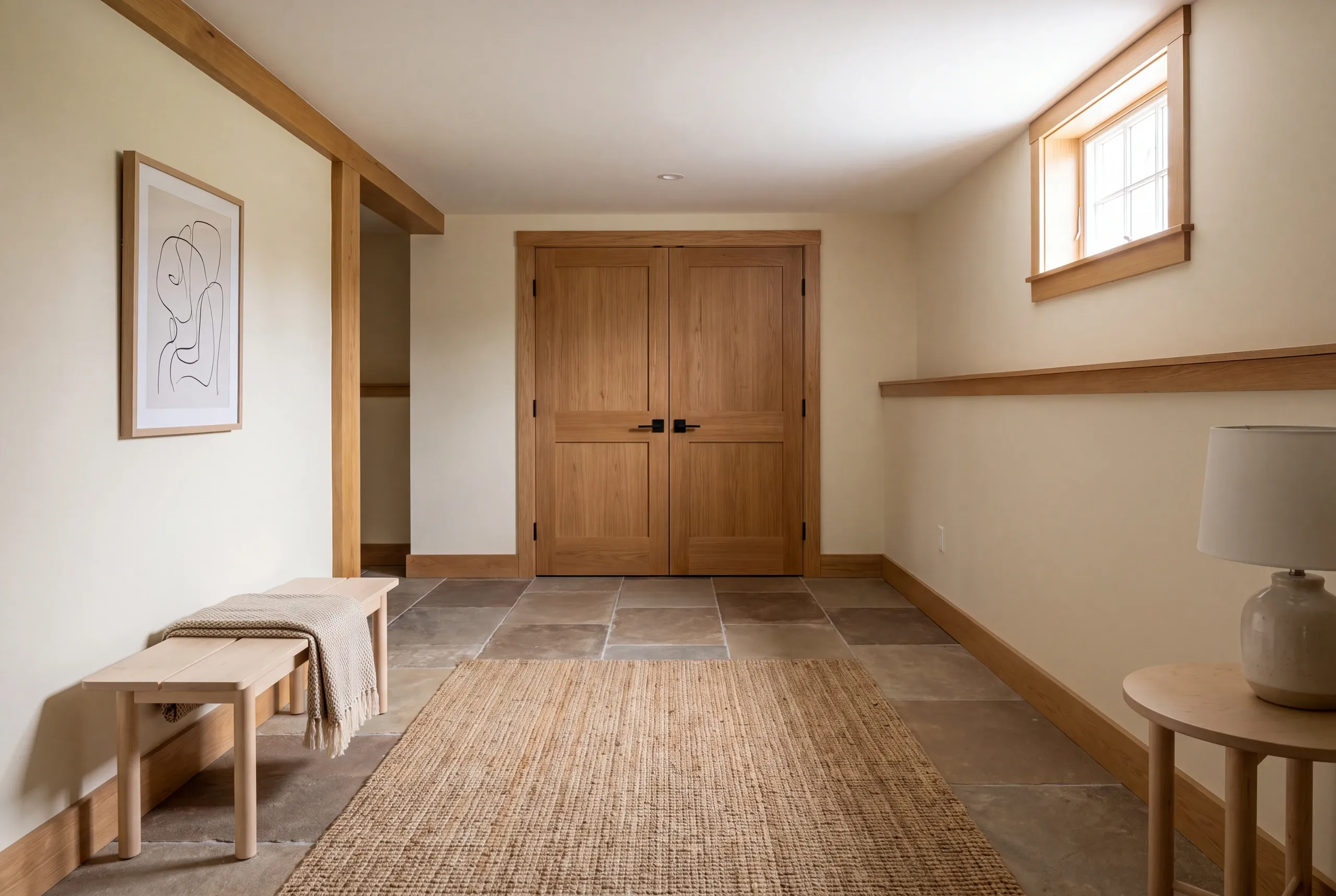 A finished lower-level room with tiled flooring, wooden double doors, a bench with a blanket, and a small window near the ceiling.