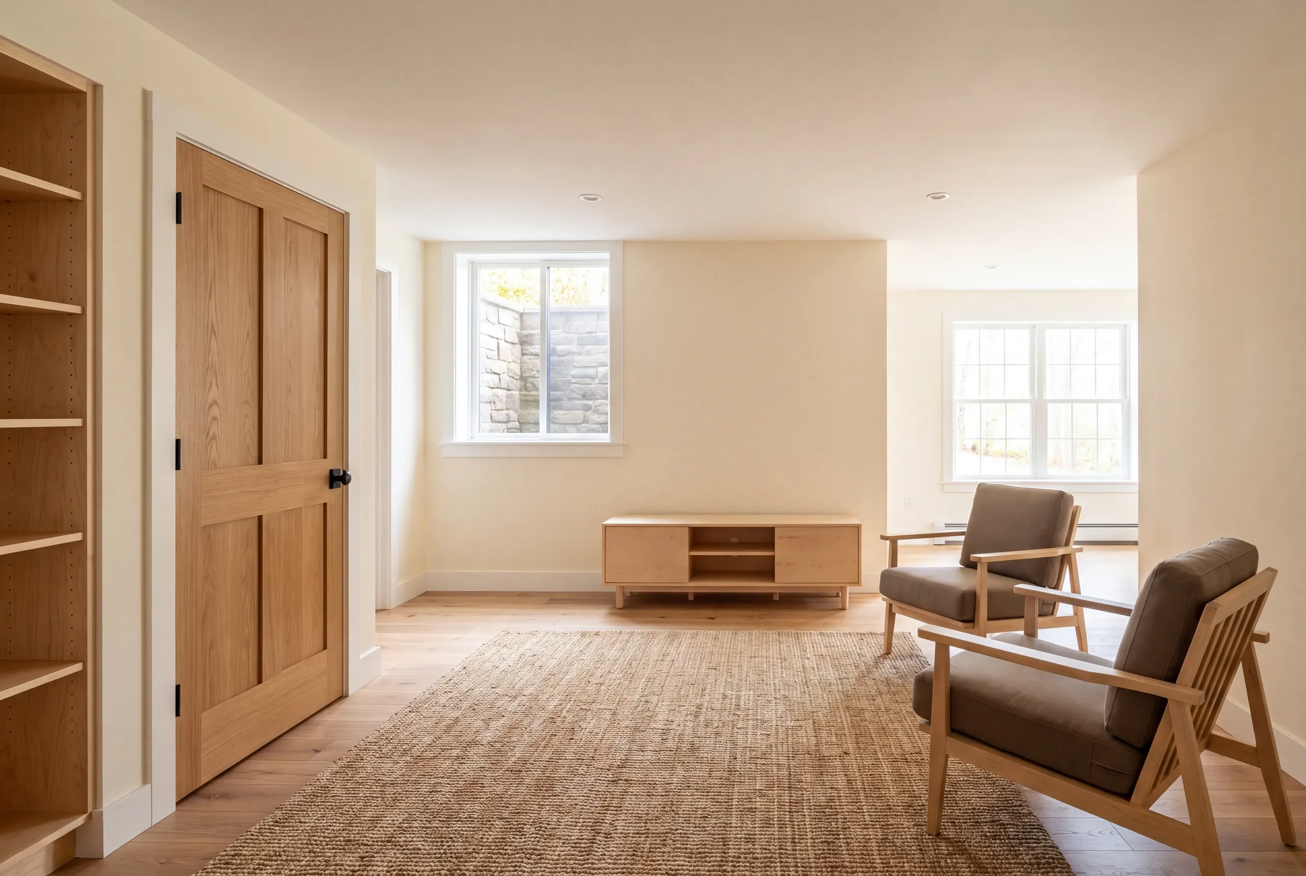 A finished basement family room features light wood floors, a natural fiber rug, two armchairs, a low media console, and a wooden door.