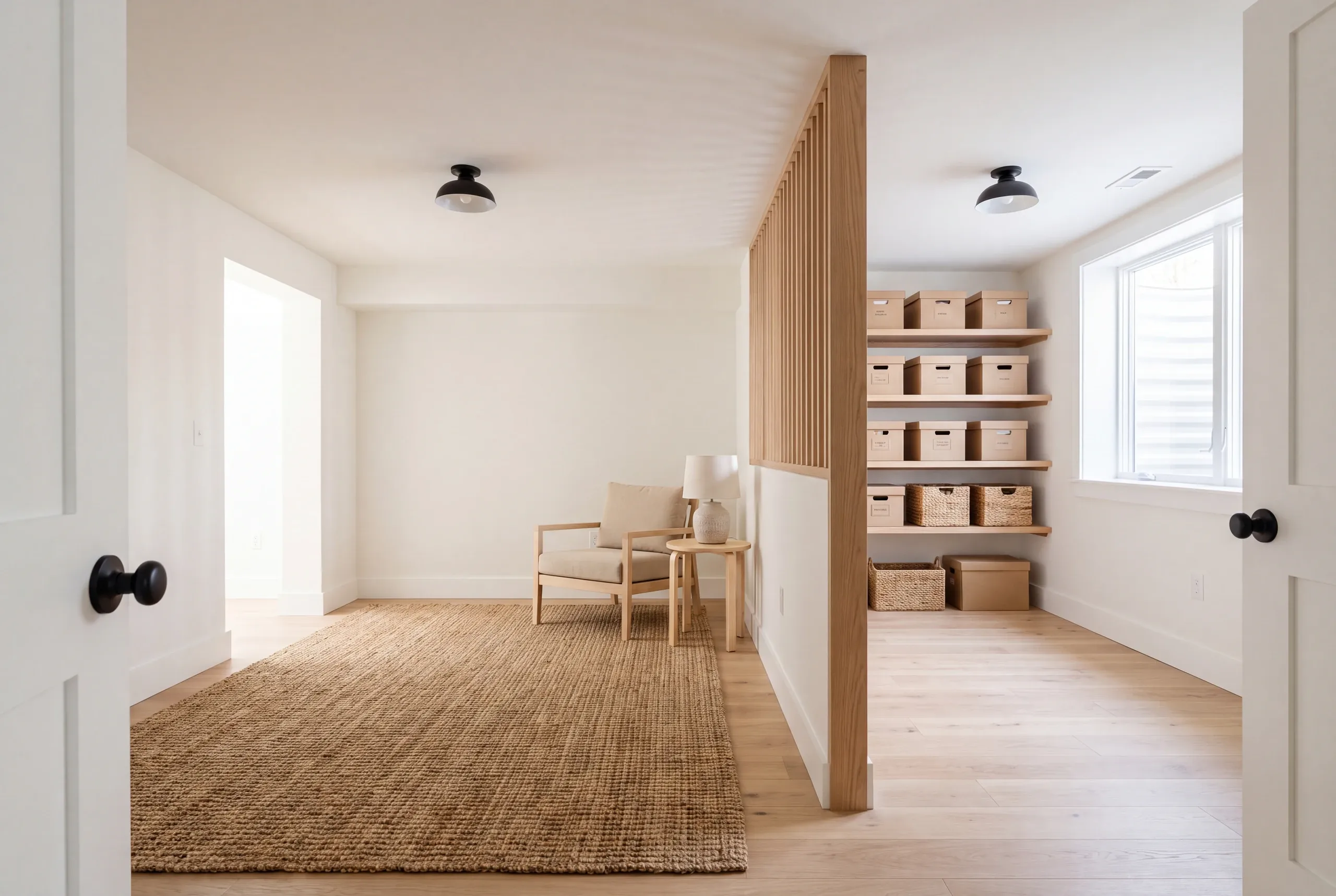 A finished basement room with a wooden slatted partition separating a sitting area with a rug and armchair from a storage area with shelves and boxes.