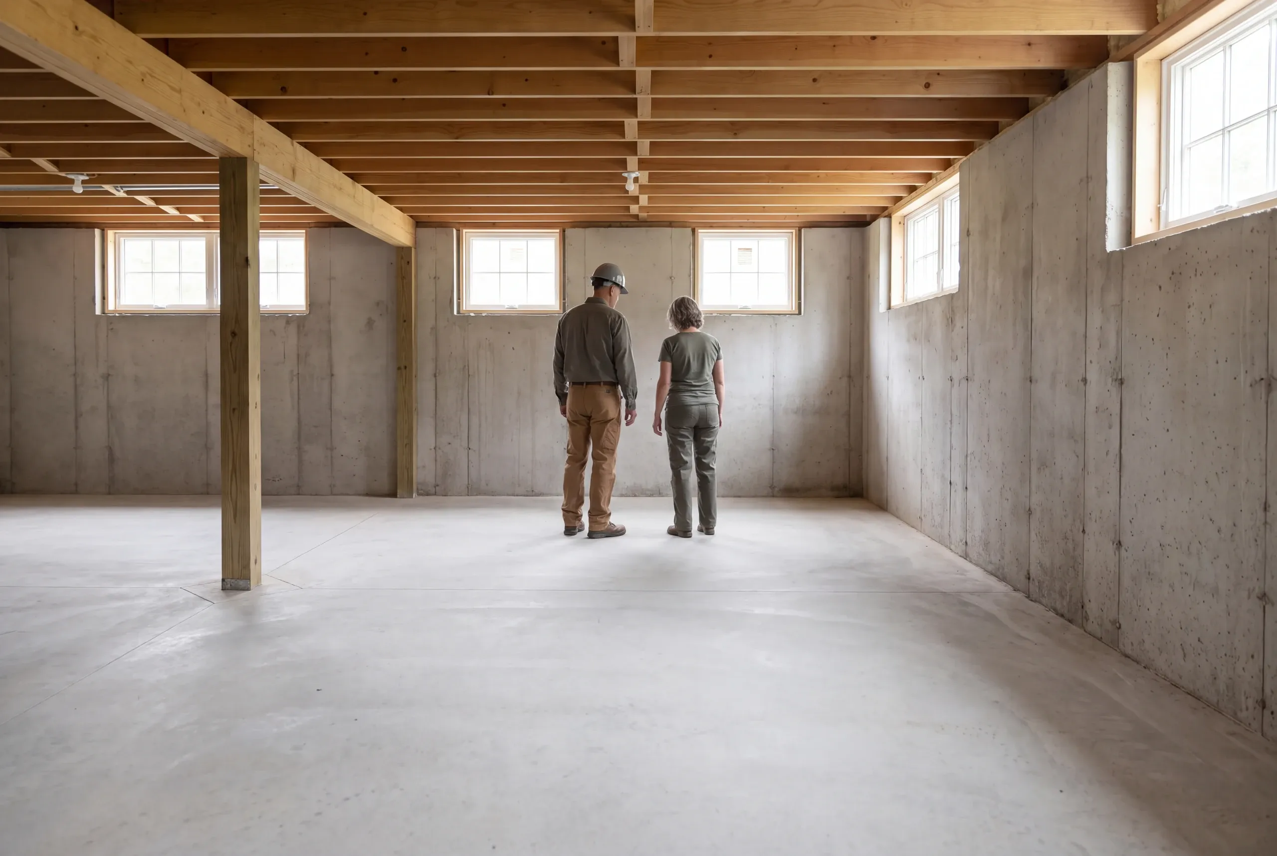 Two people viewed from behind stand in an unfinished concrete basement looking toward a back wall.
