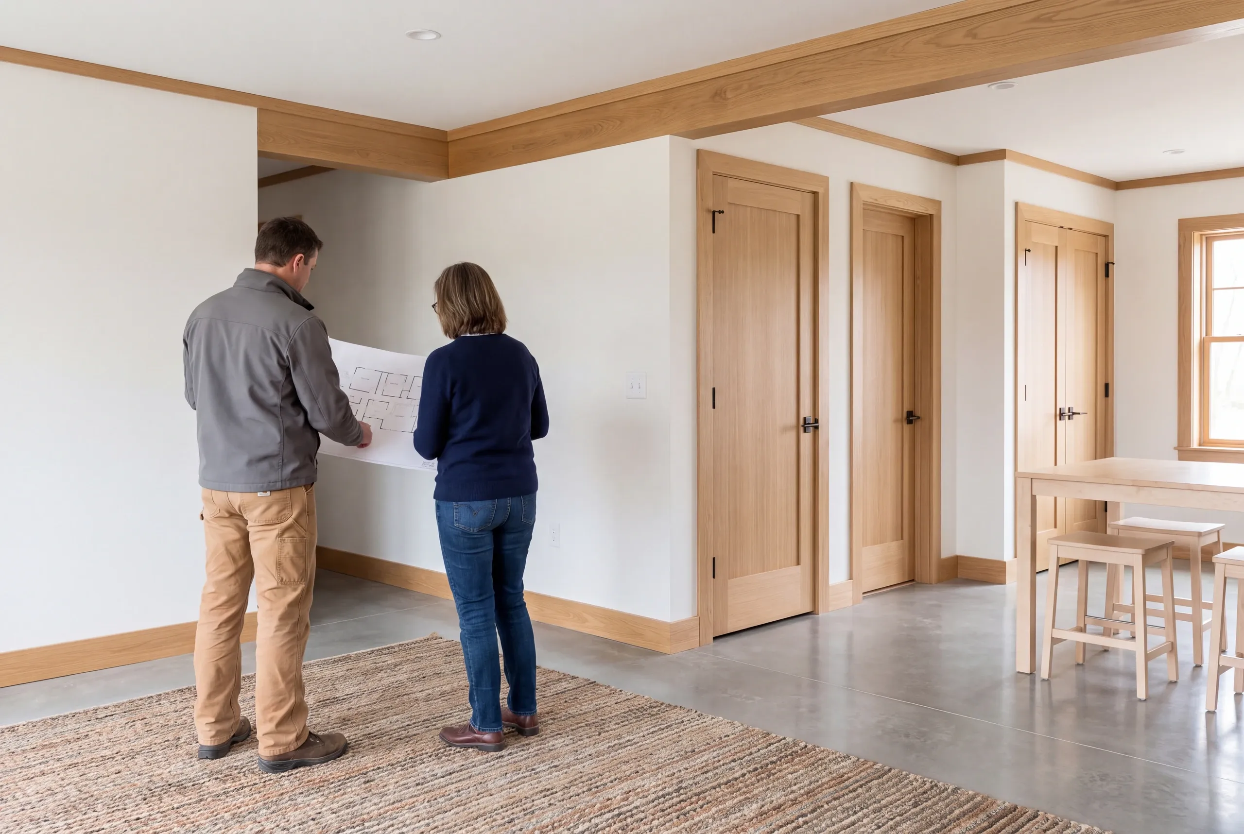 Two people viewed from behind look at a blueprint inside a finished room with wooden trim and closed doors.