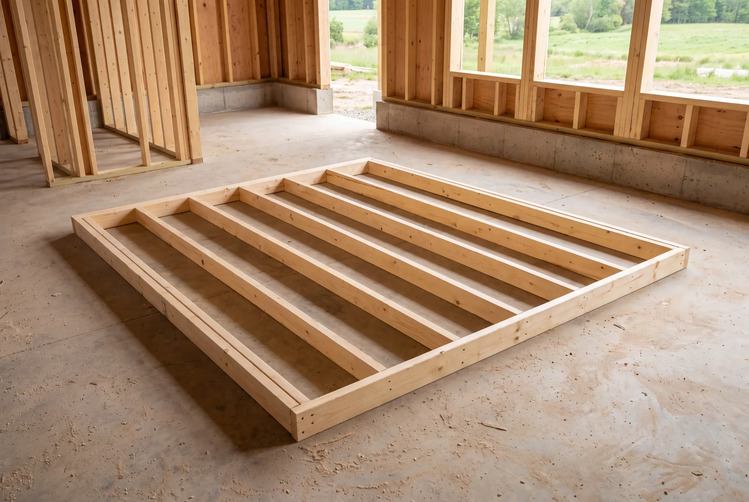 A wooden partition wall frame lies flat on a concrete slab inside a building under construction.