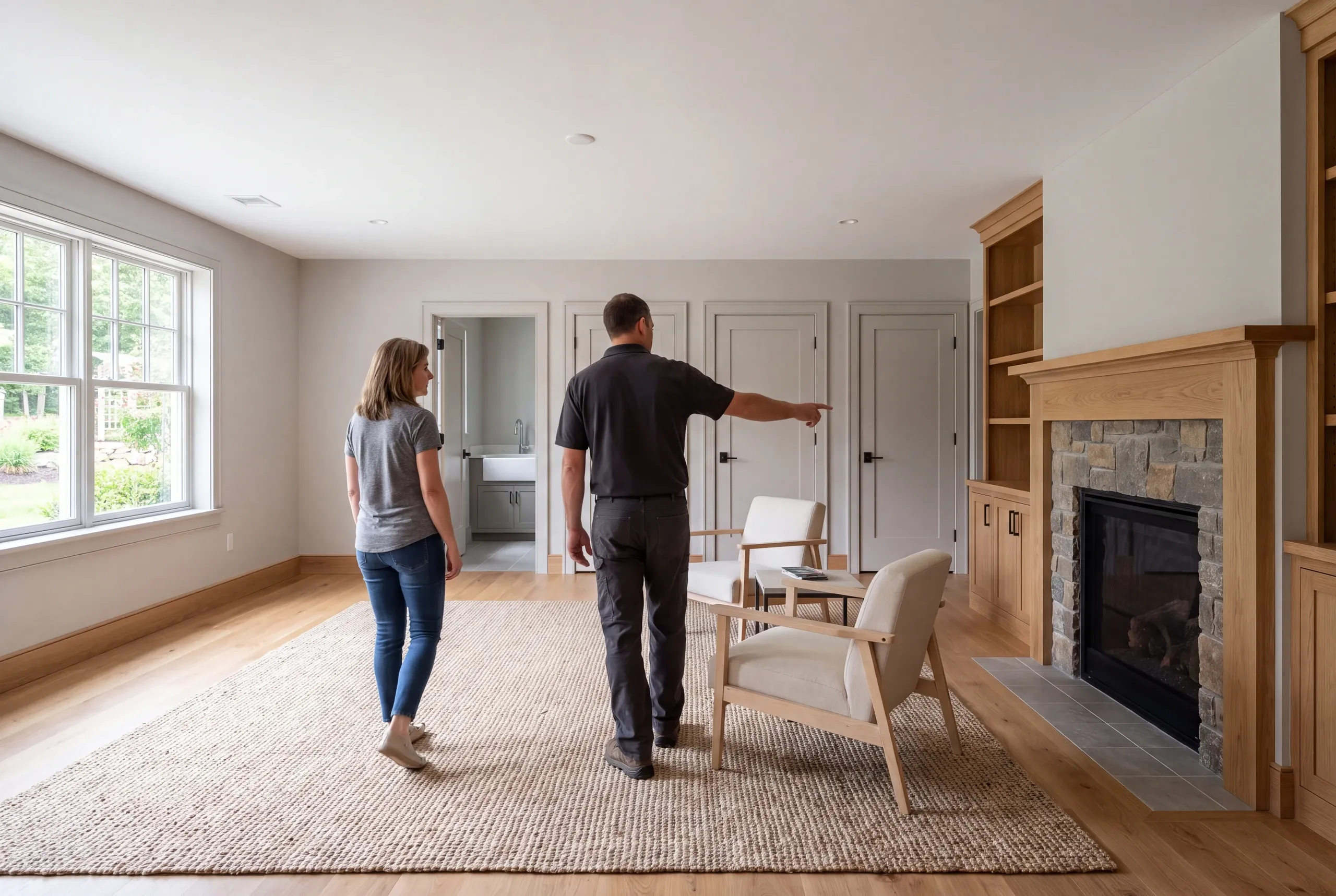 Two adults seen from behind walk across a finished room with a stone fireplace and closed interior doors.