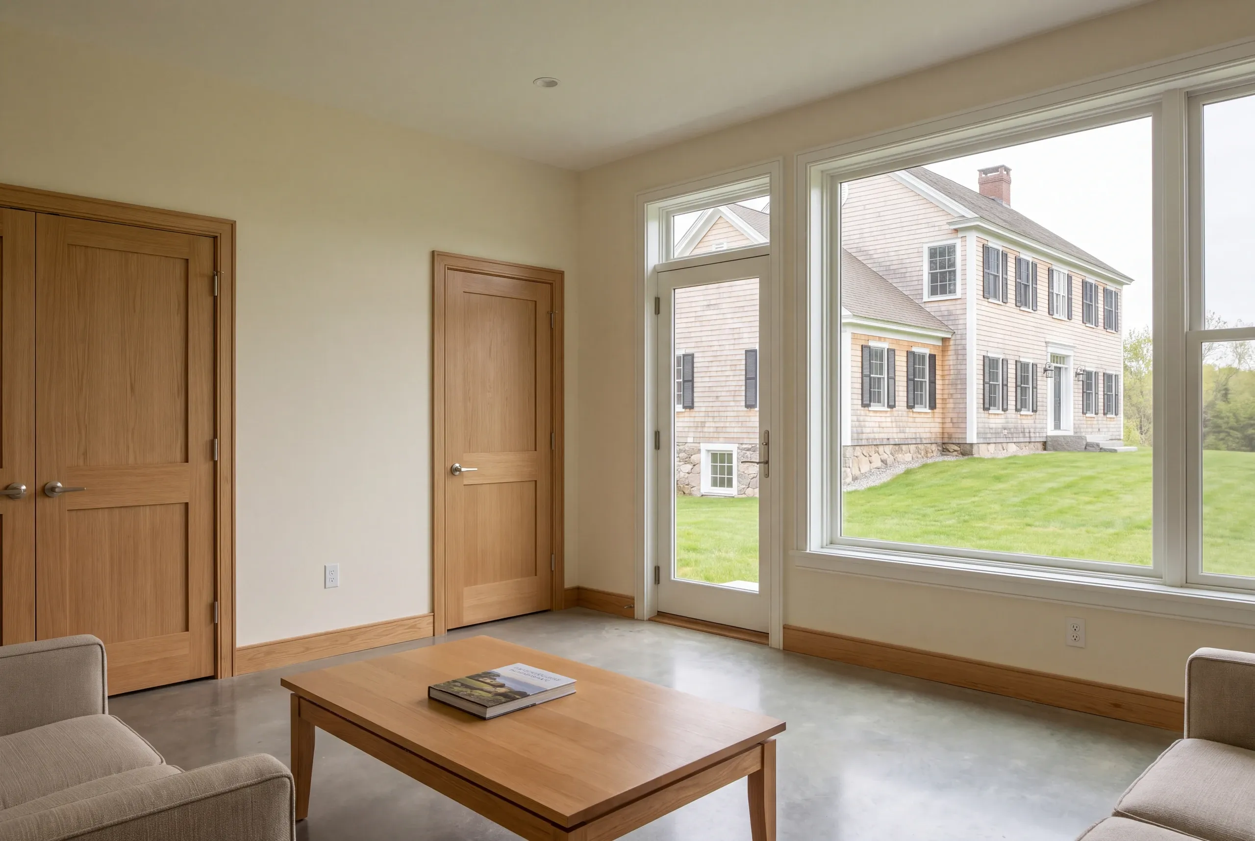 A finished room with polished concrete flooring contains a wooden coffee table, two armchairs, and closed wooden doors next to a large window viewing an outdoor residential structure.
