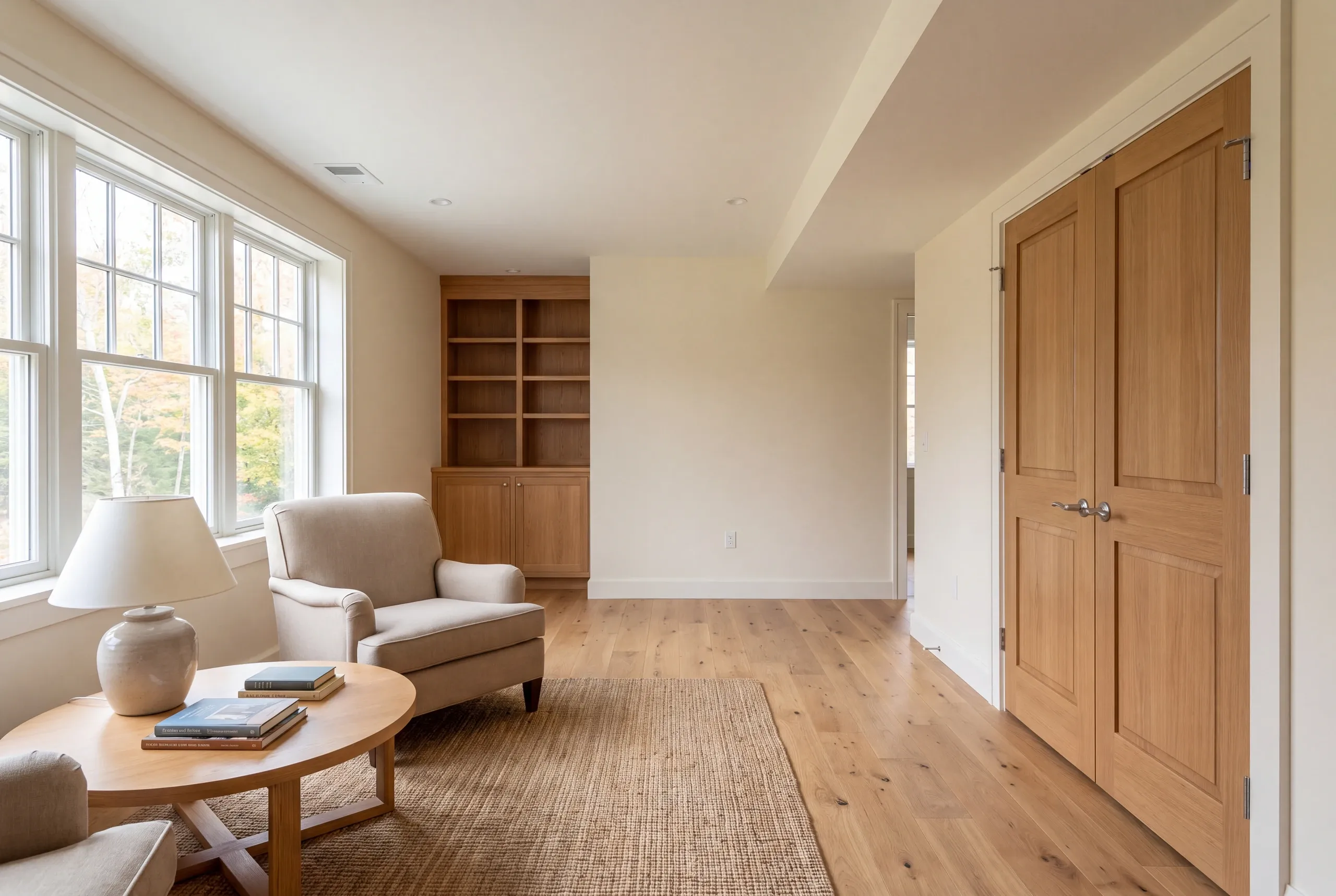 A finished lower-level room featuring hardwood floors, an armchair, a coffee table with a lamp, built-in shelving, and closed wooden double doors on the right.