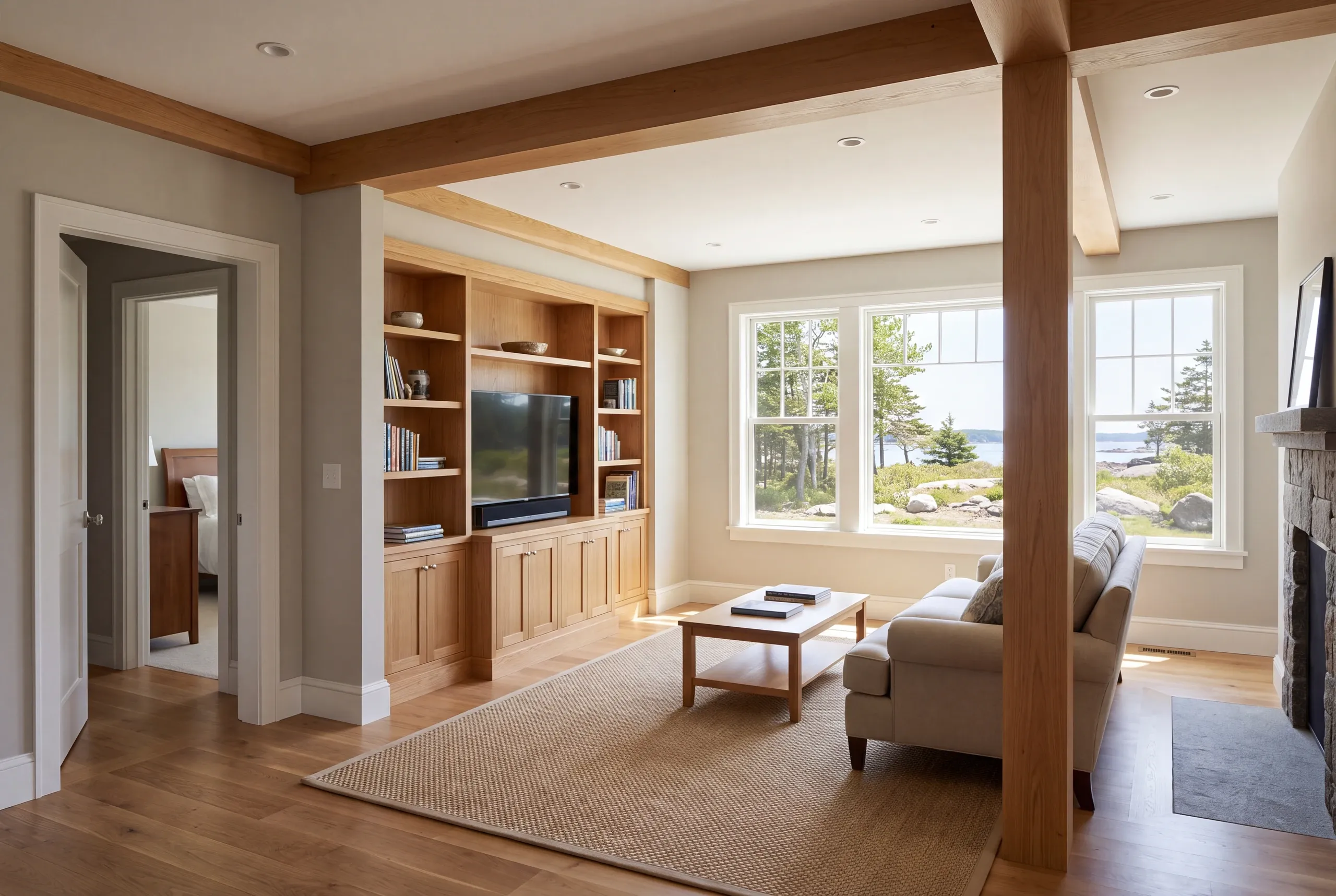 A finished recreation room with wooden beams, built-in shelving, a sofa, coffee table, fireplace, and windows overlooking a view.