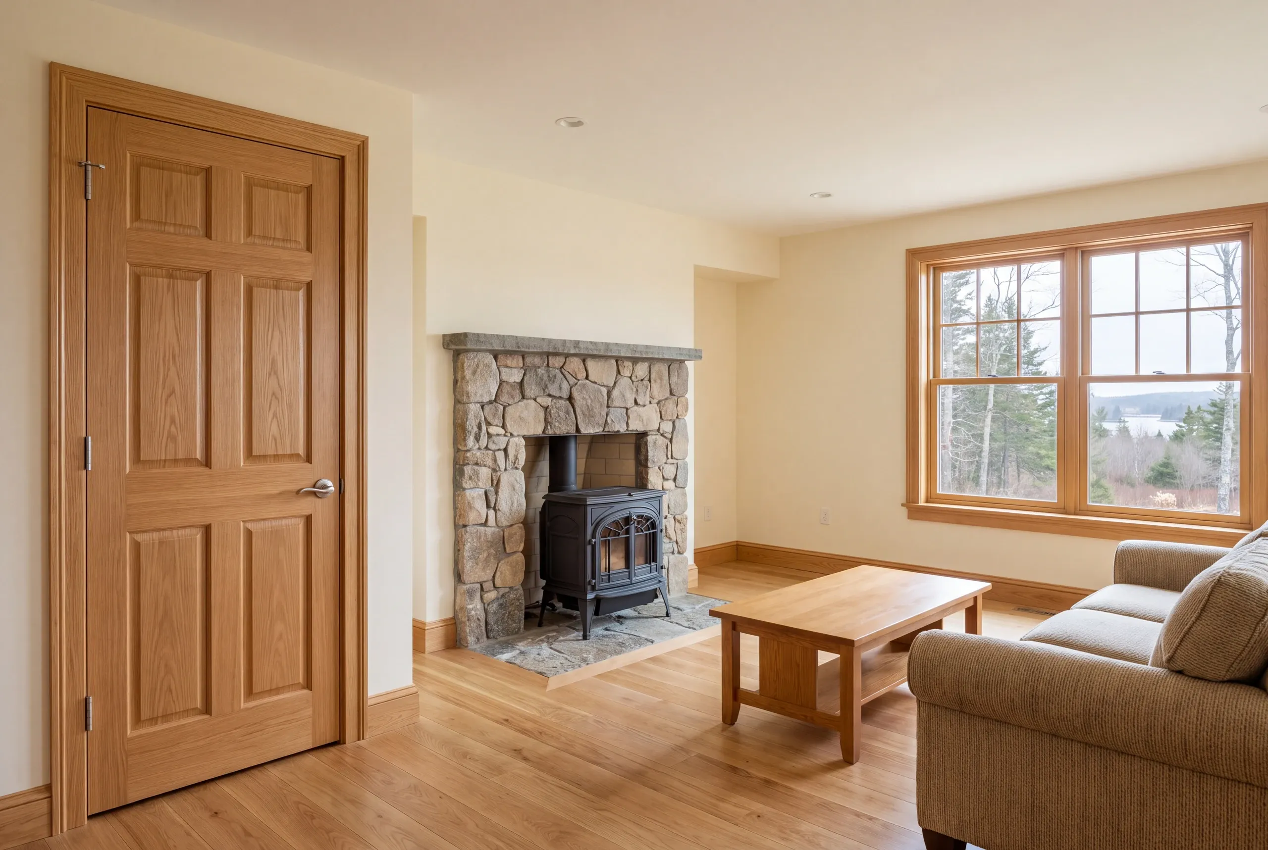 A finished room with a wooden door, a stone fireplace featuring a wood stove, a wooden coffee table, a sofa, and a window with a view of trees.