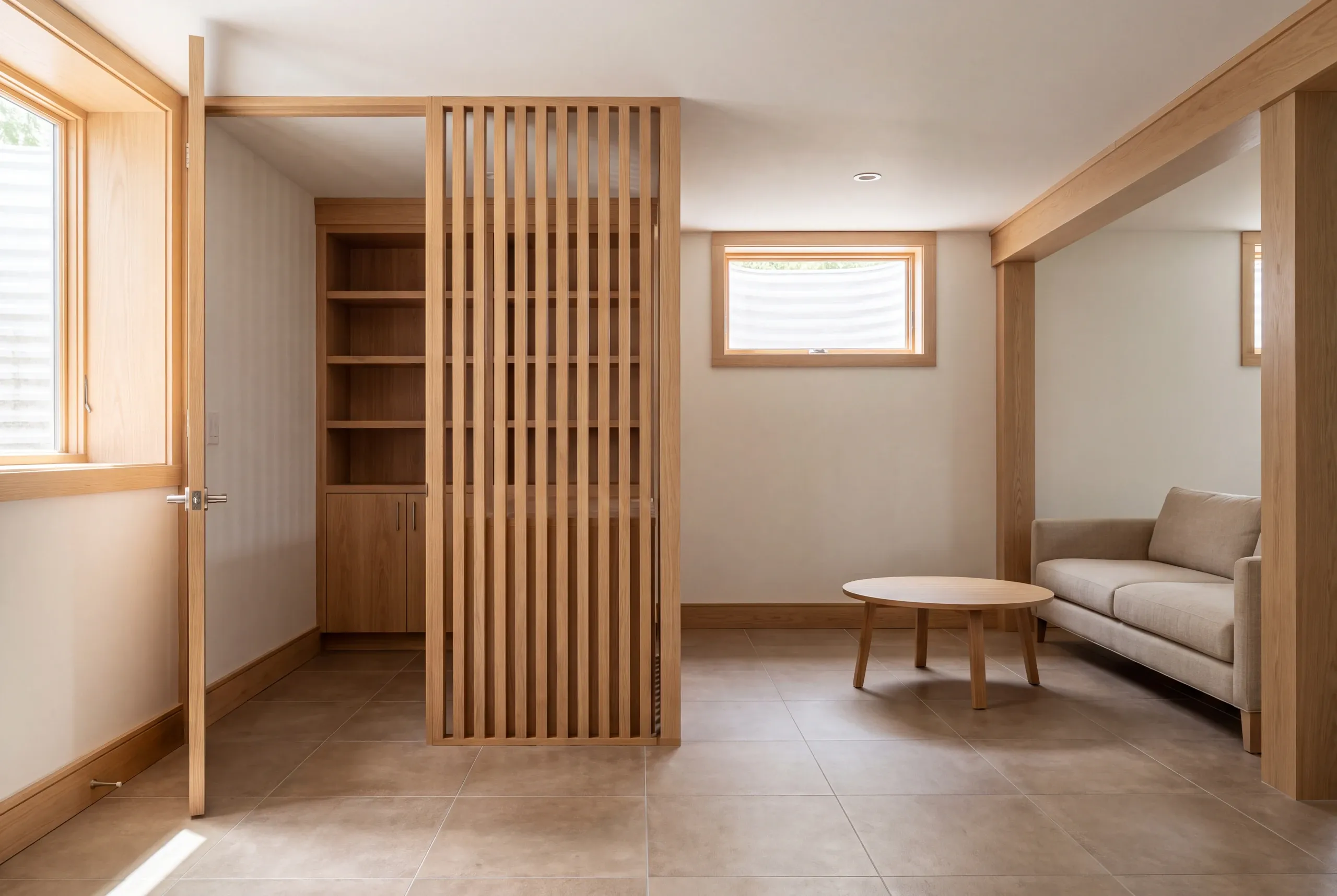 A newly finished basement featuring tiled flooring, a wooden slatted partition screen, built-in shelving, and a seating area with a sofa and coffee table.