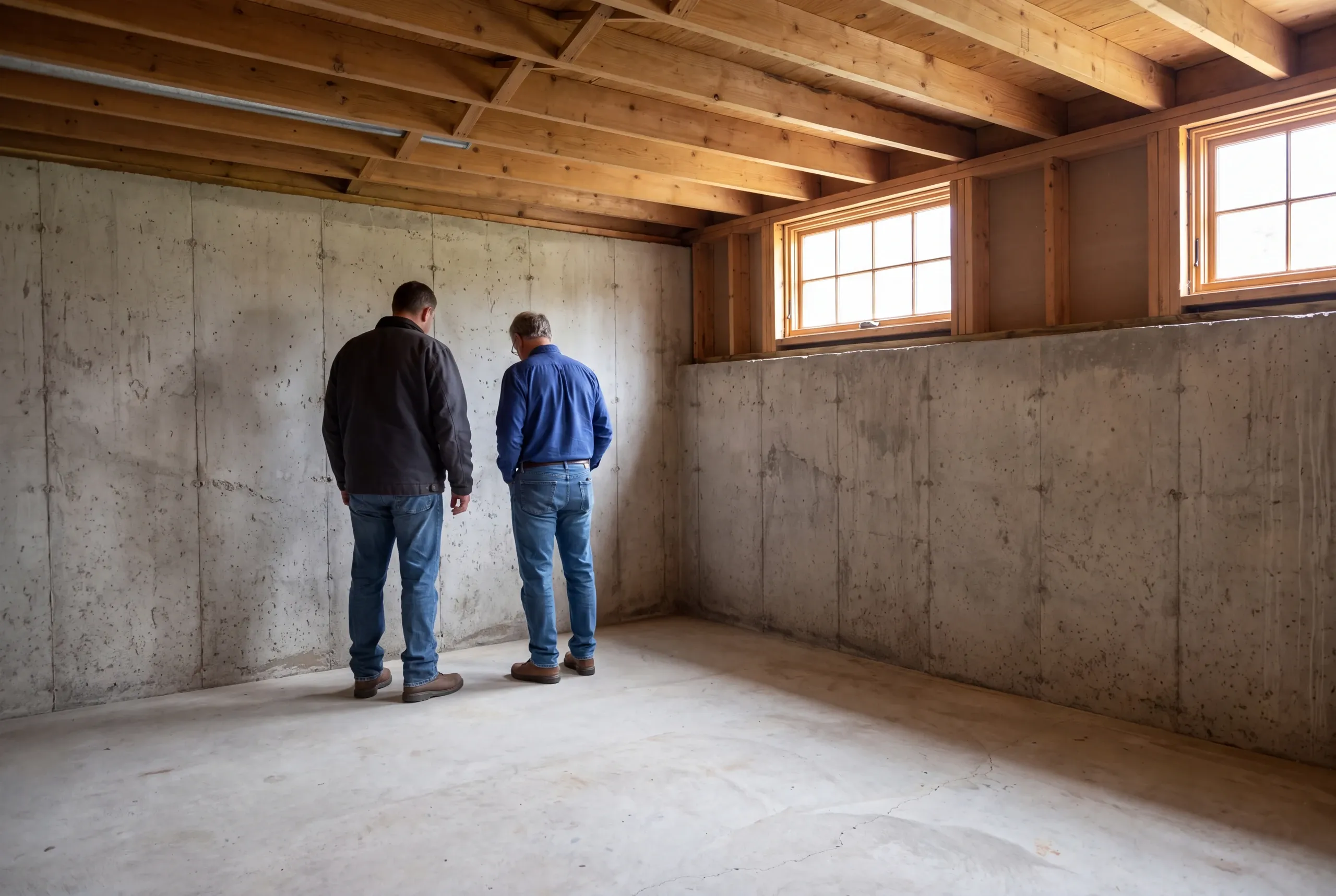 Two men stand in an unfinished concrete basement looking toward the corner.