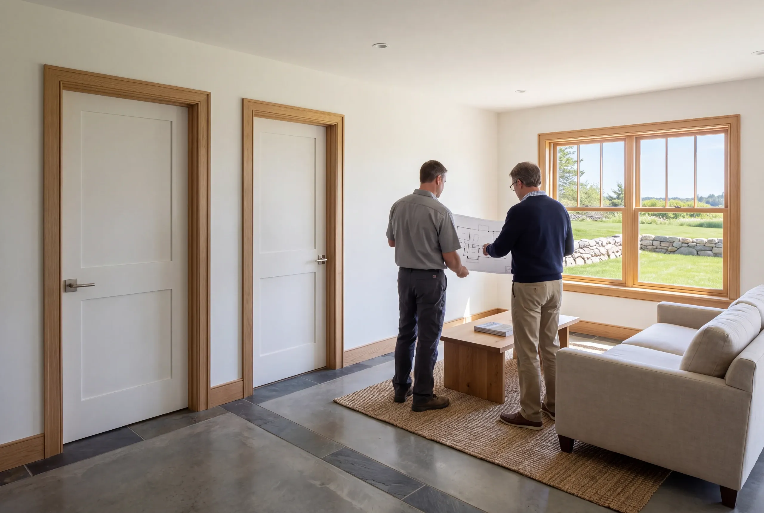 Two men stand from behind reviewing a floor plan in a finished room with two closed doors and a sofa facing a window.