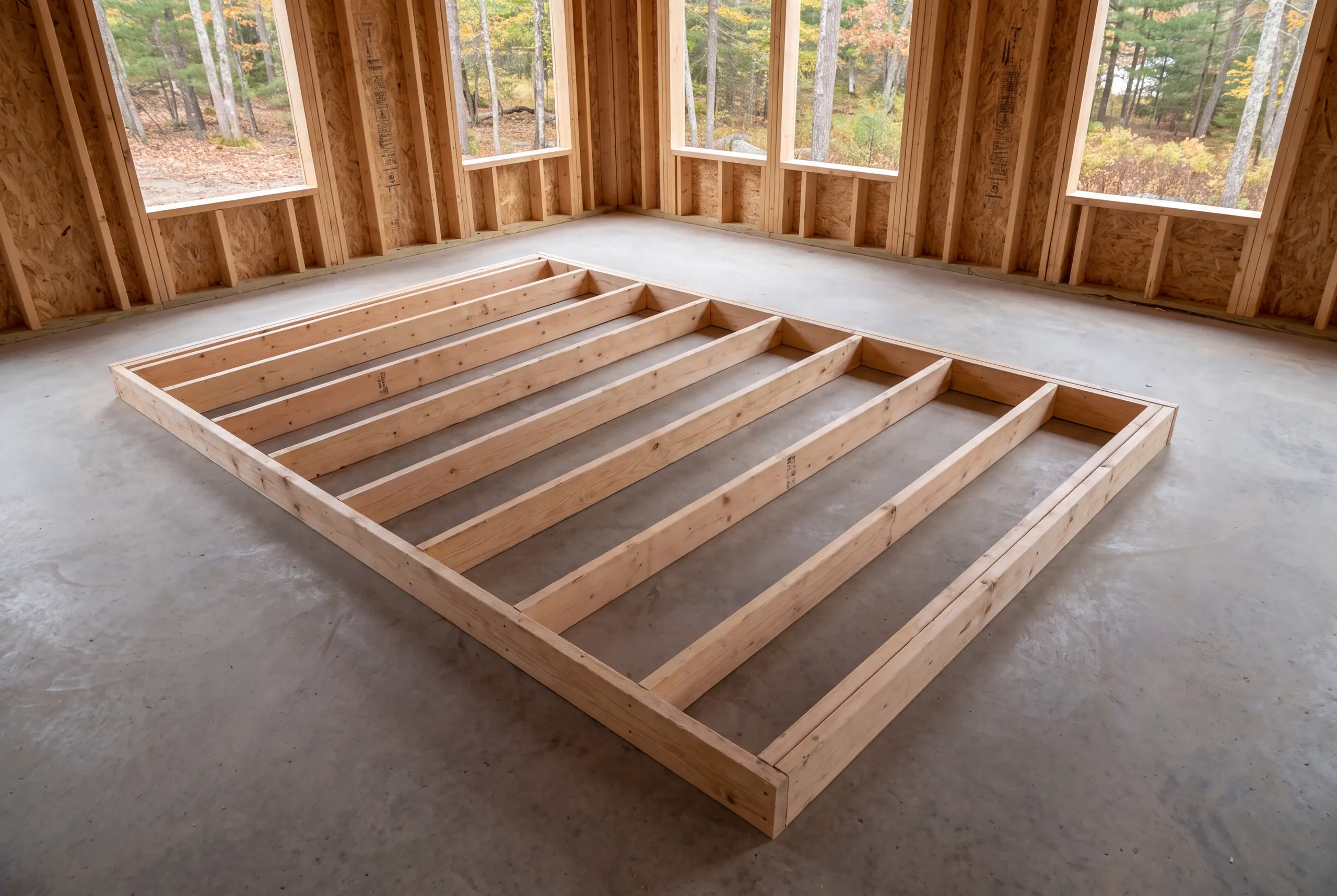 A wooden interior wall frame lies flat on a concrete floor inside a room with framed exterior walls and windows looking out onto trees.