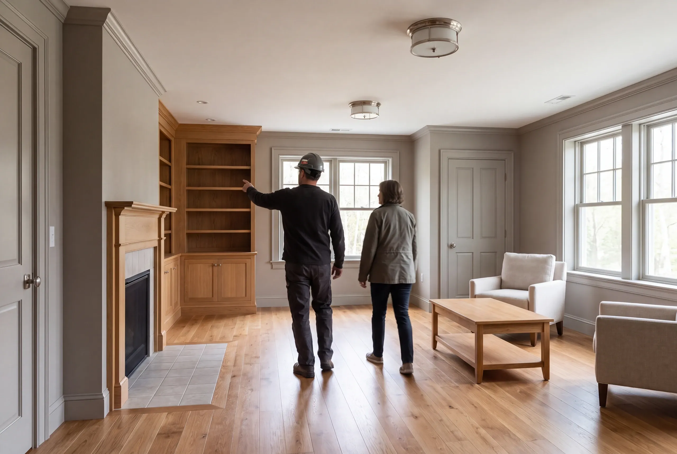 Two adults stand in a finished room with hardwood floors, built-in wooden shelving, a fireplace, and a closed door in the background.