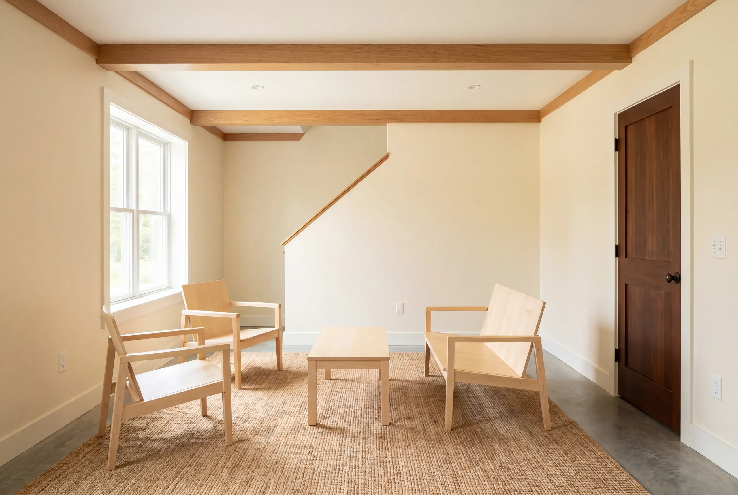 Basement remodeling: a finished room with light yellow walls, wooden ceiling beams, a jute rug, and wooden furniture.