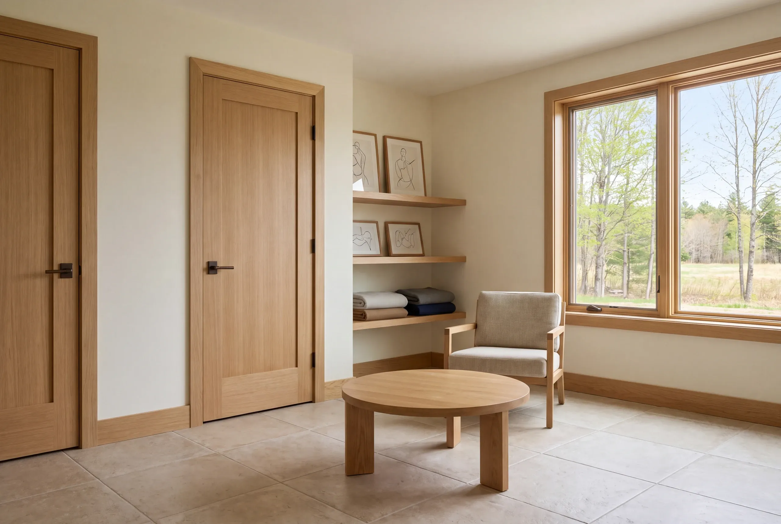 A finished room features tile flooring, wood trim, two closed wooden doors, recessed shelving with art and folded textiles, a round wooden coffee table, an armchair, and a window looking out at trees.