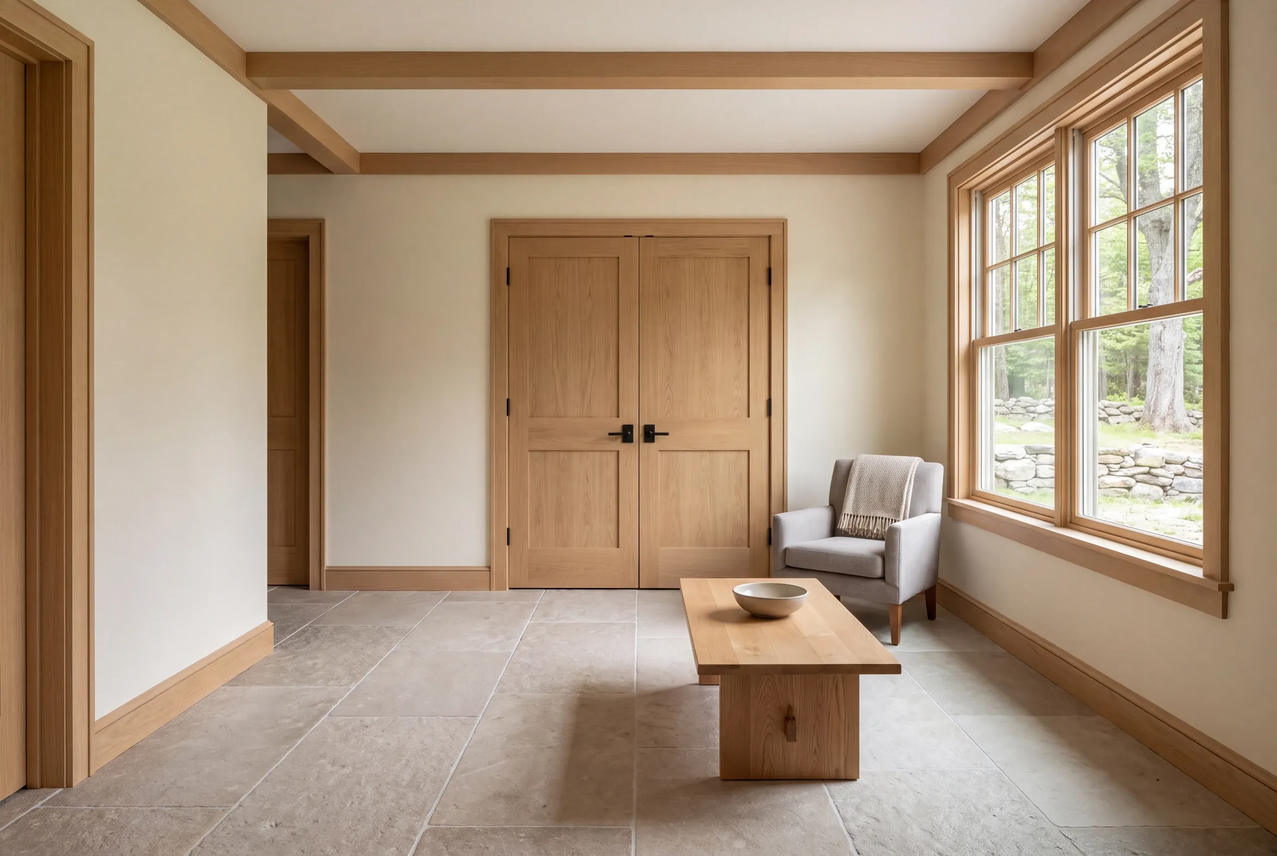 A finished room features tiled flooring, light-colored walls with wooden trim and ceiling beams, double wooden doors, a window looking outside, a small armchair with a throw blanket, and a low wooden coffee table.