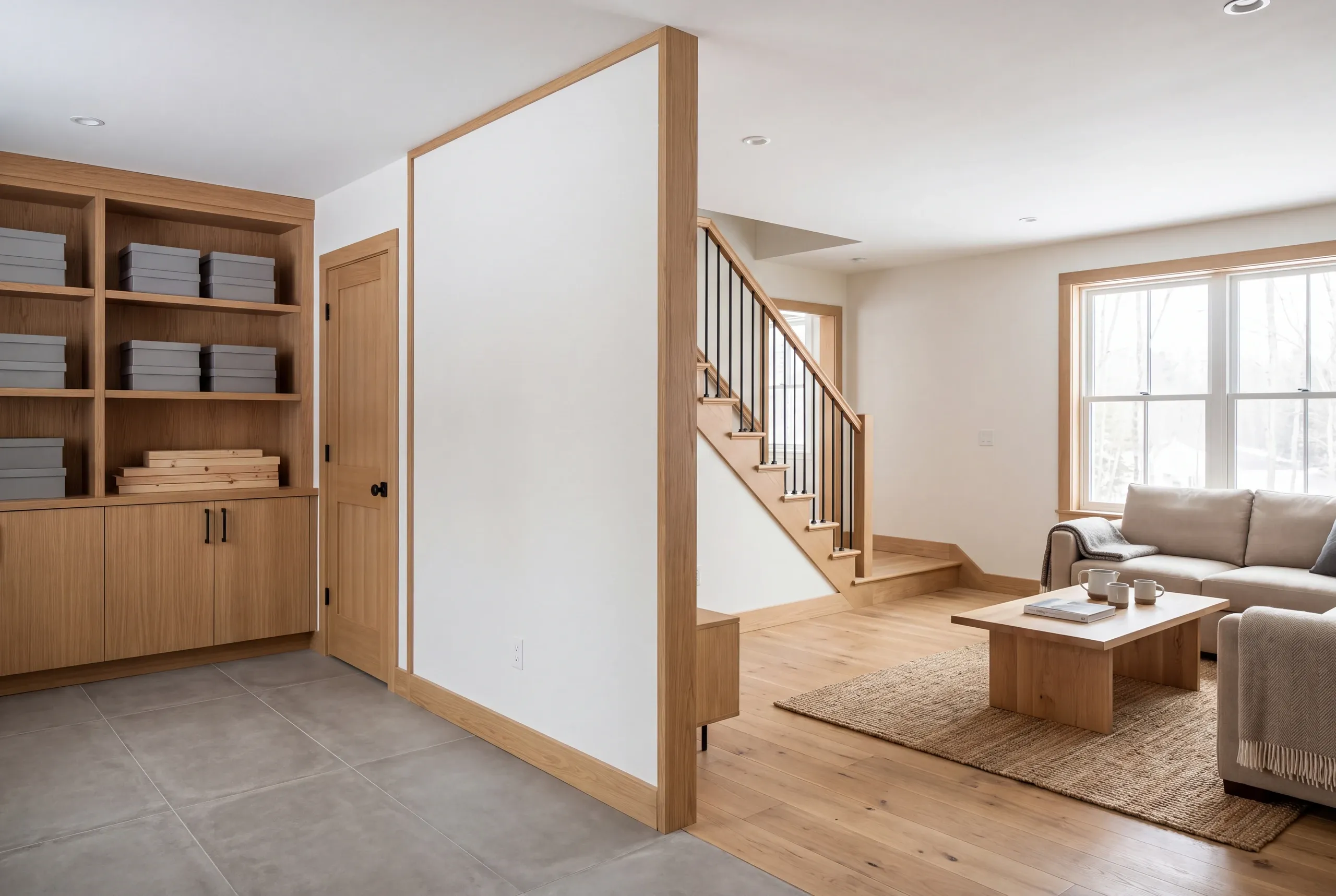 A finished basement interior featuring a wood partition wall separating a tiled storage area with built-in shelving from a sitting area with a sofa and coffee table.