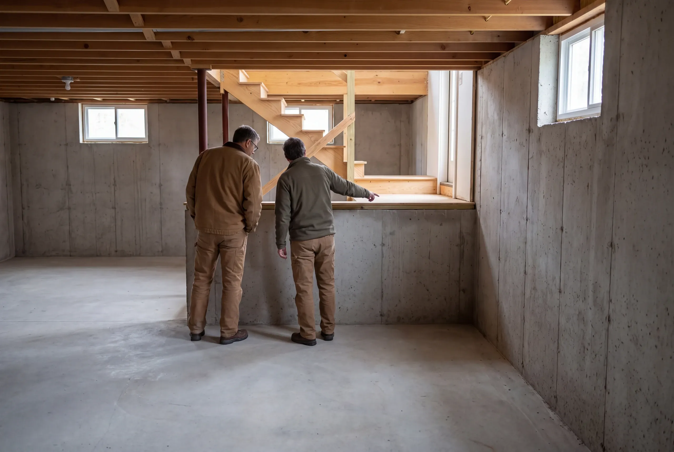 Two adults stand in an unfinished concrete basement looking toward a wooden staircase and foundation wall.
