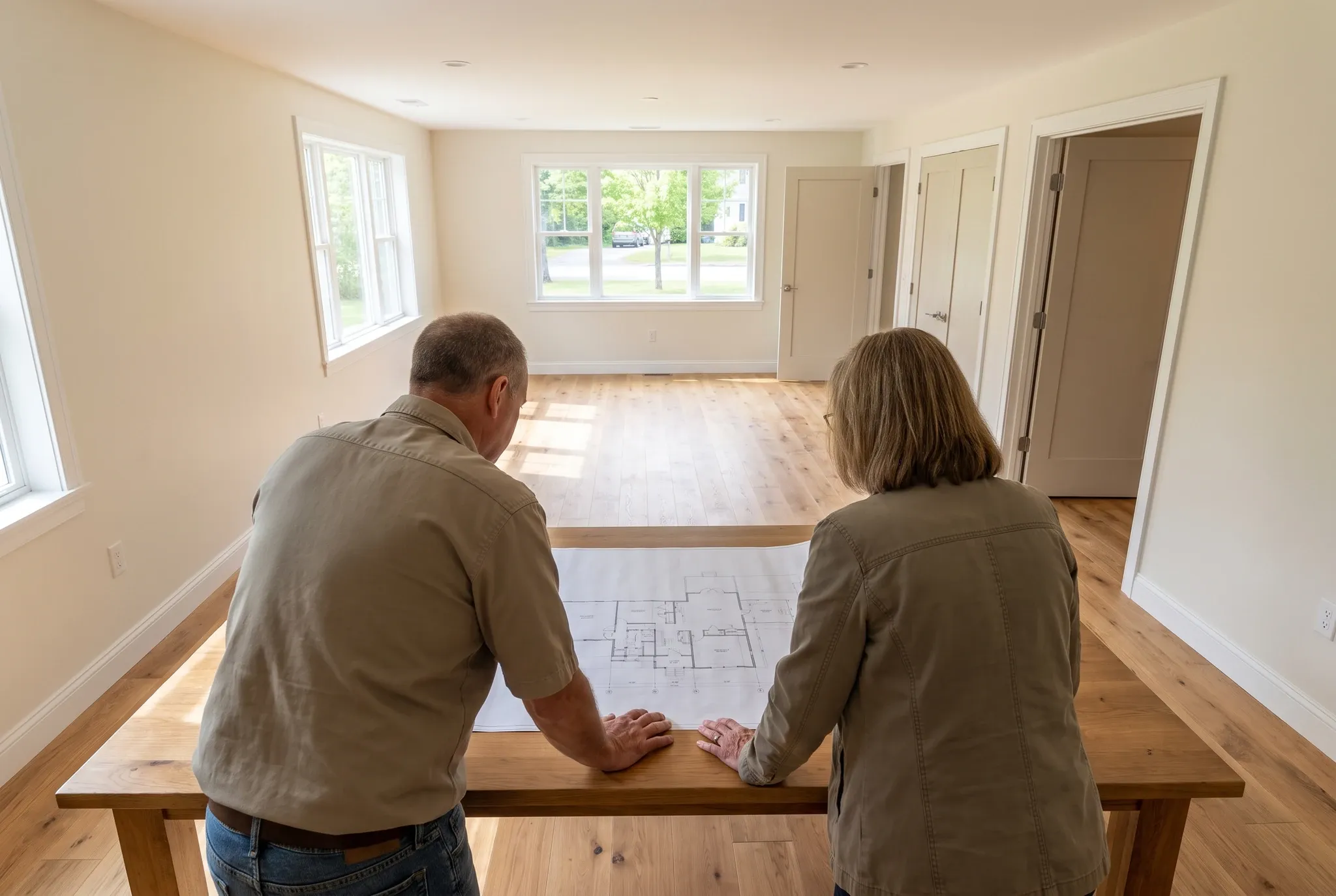 Two adults stand from behind reviewing a floor plan spread across a wooden table in a finished room with closed doors.