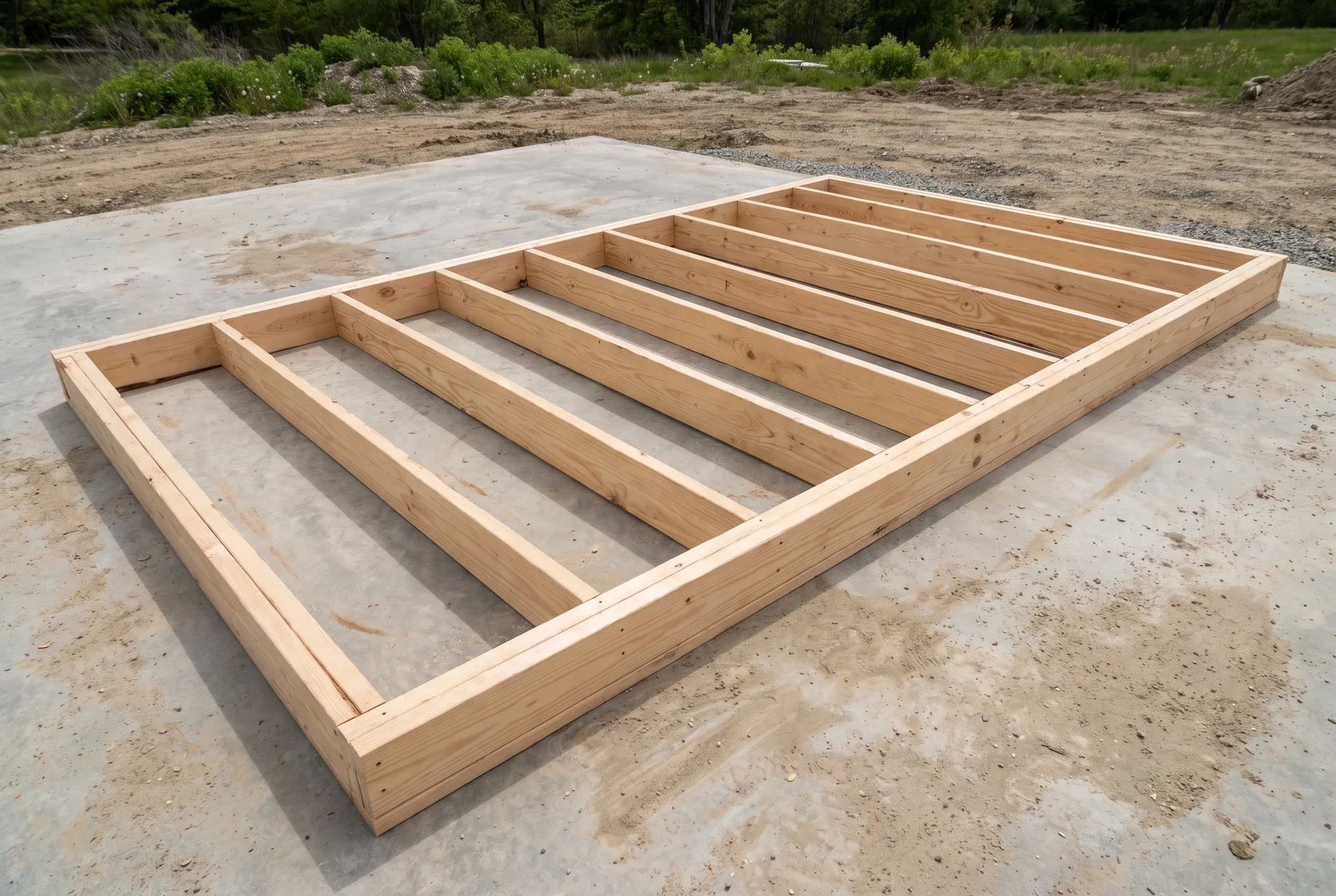 A rectangular wooden wall frame lies flat on a concrete slab outdoors.