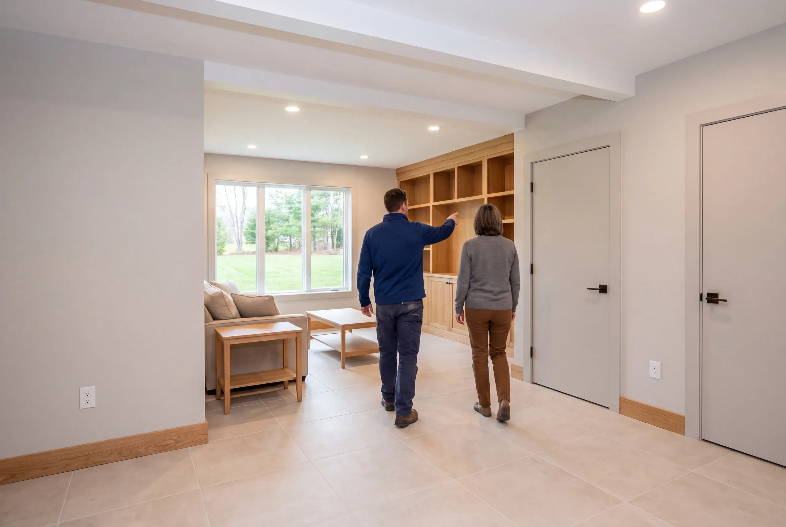 Two people are seen from behind walking through a finished lower-level room with built-in shelving, seating, and closed doors.