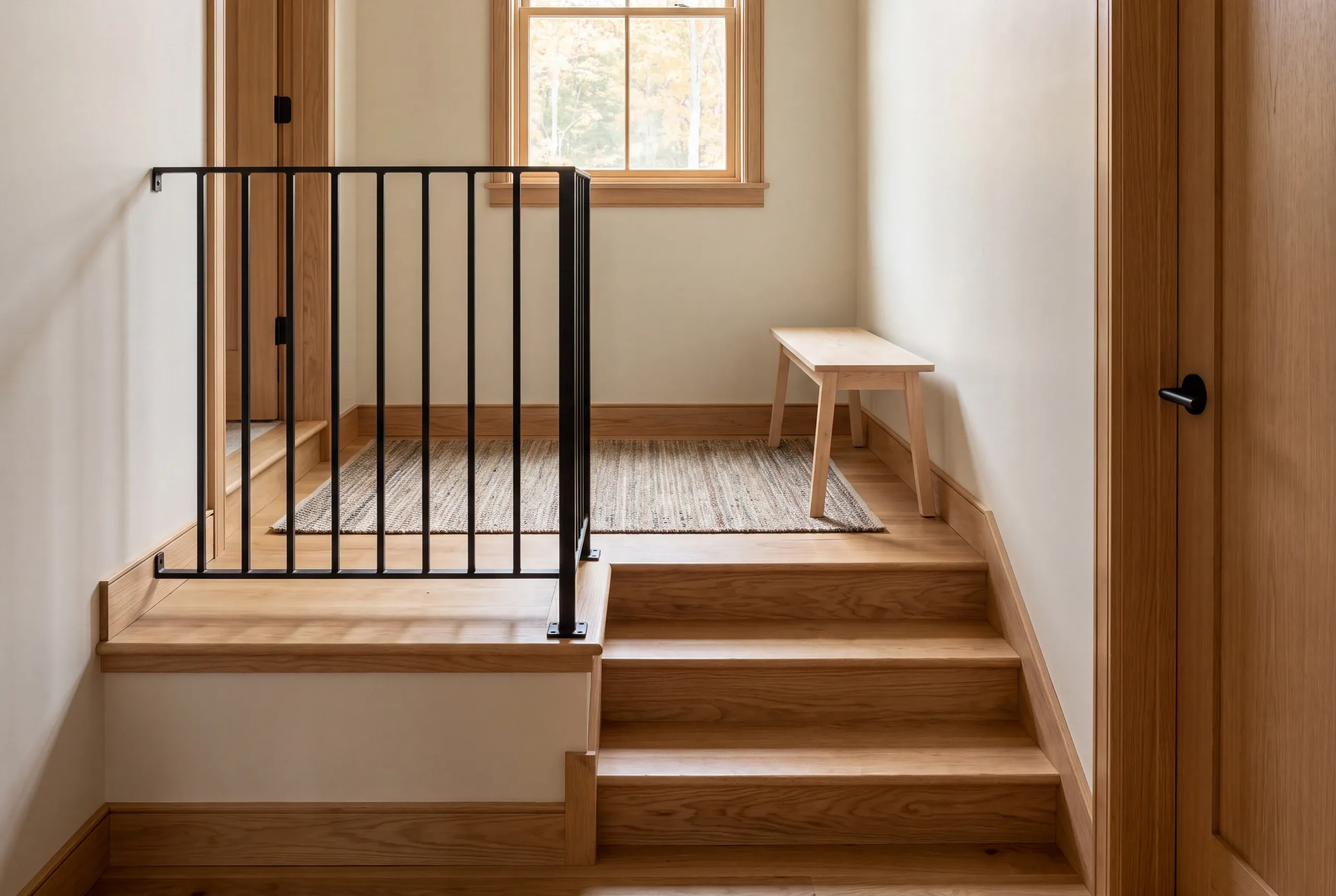 A finished wooden staircase leads up to a carpeted landing featuring a black metal railing and a small wooden bench beneath a window.