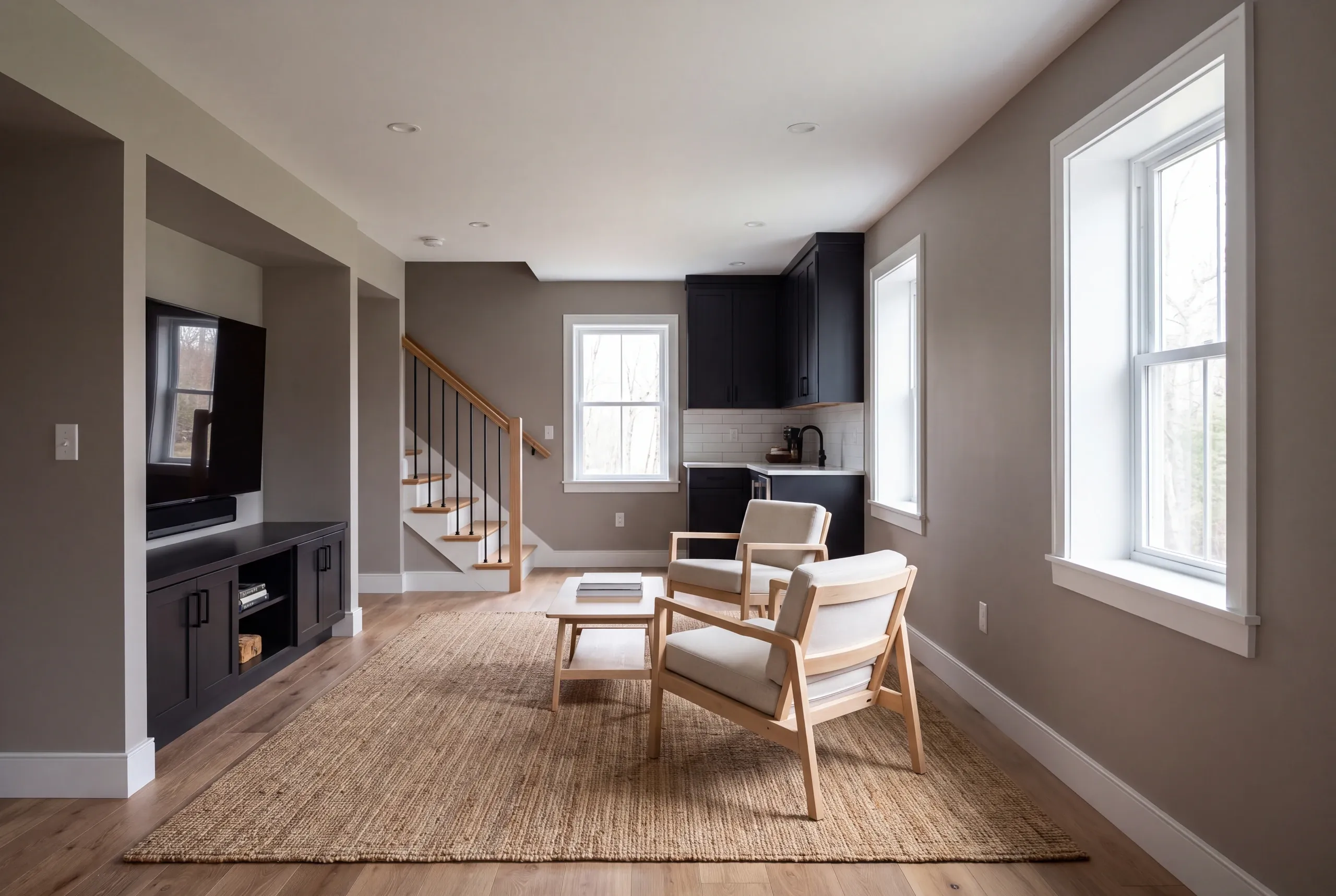 A finished basement living area featuring a television console, two armchairs on a rug, stairs, and windows with daylight.
