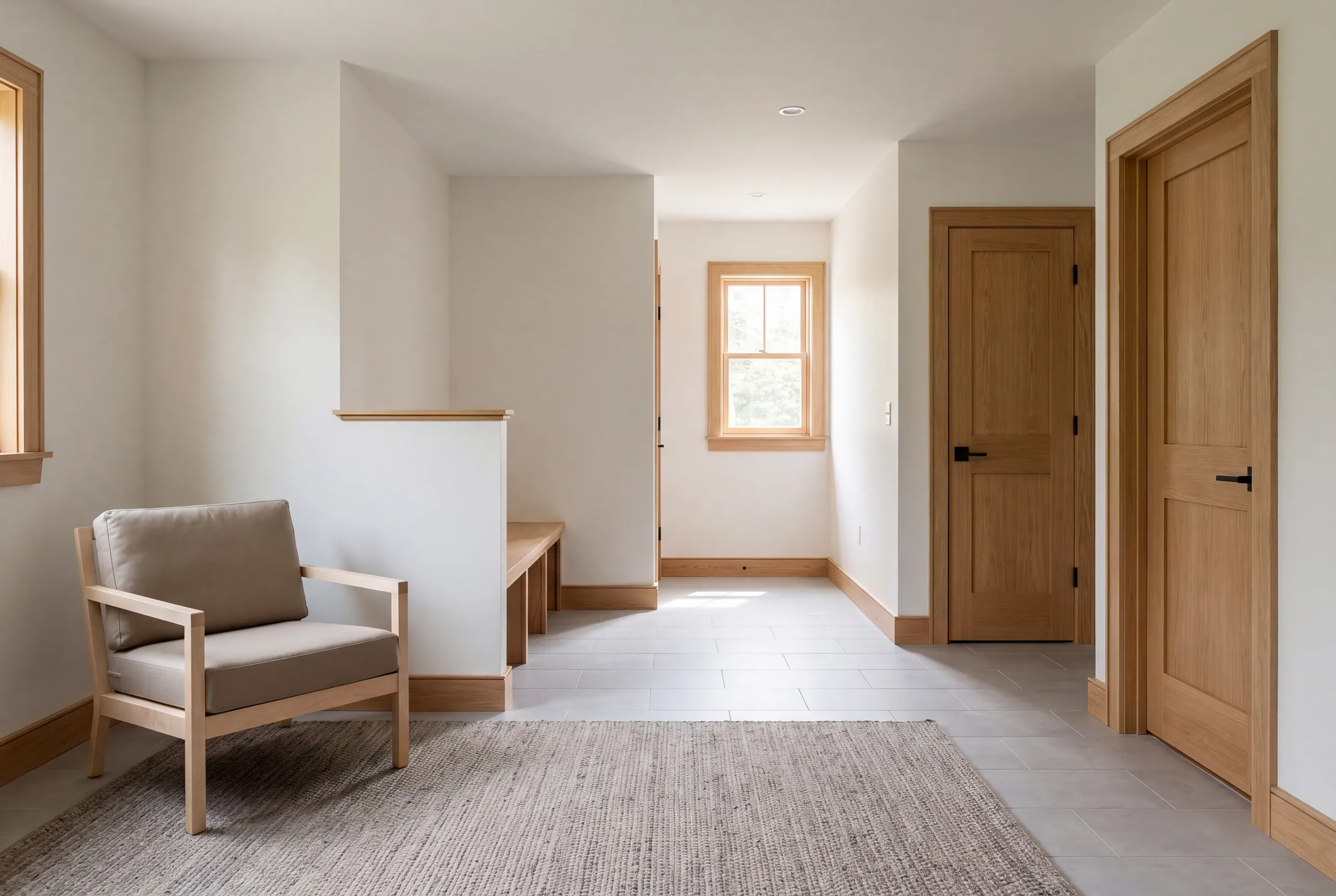 Interior room with light wood trim, a single armchair on a rug, and wooden doors leading to other spaces.