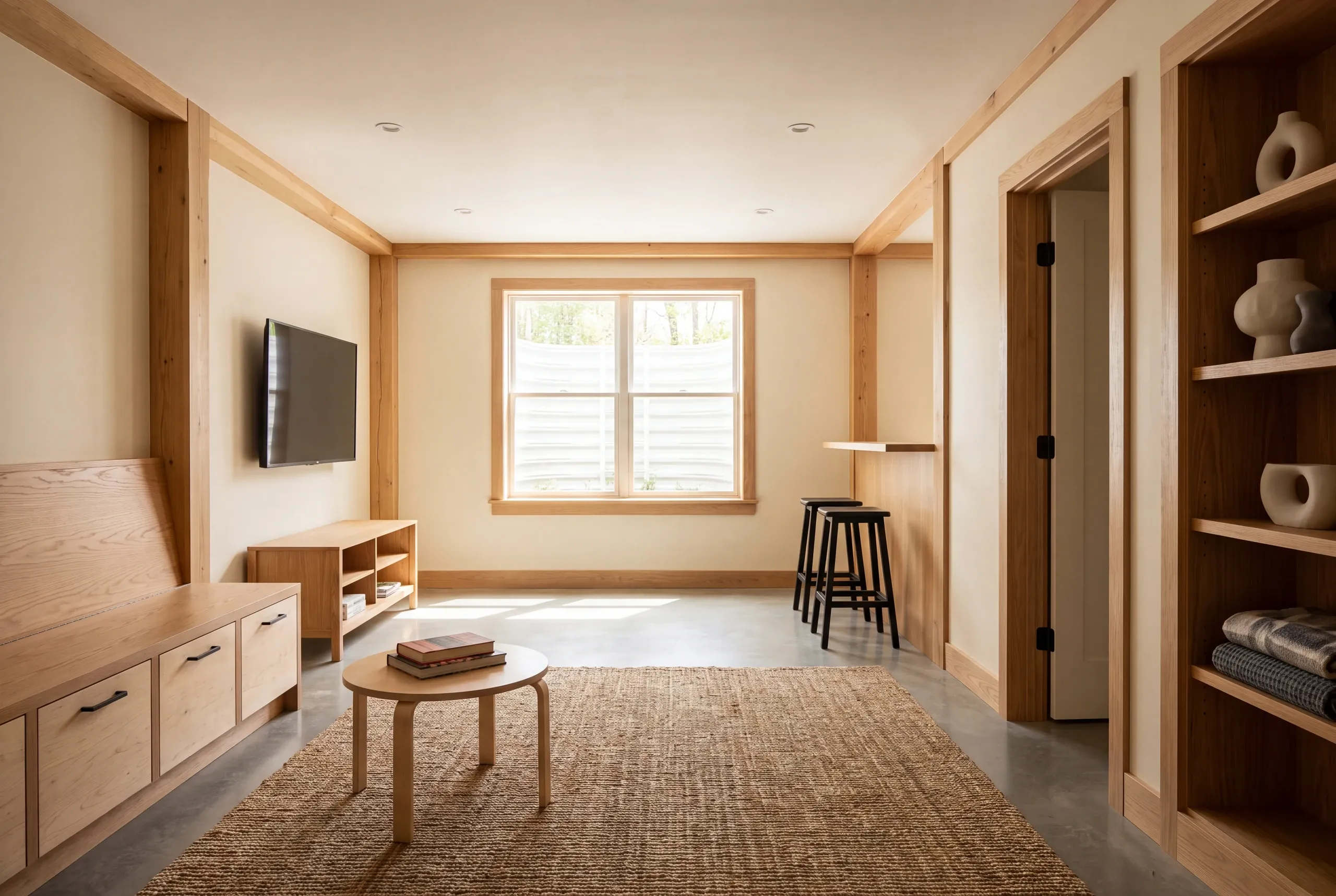 A finished recreation room featuring wood trim, a television, built-in storage, a small coffee table on a rug, and a window.