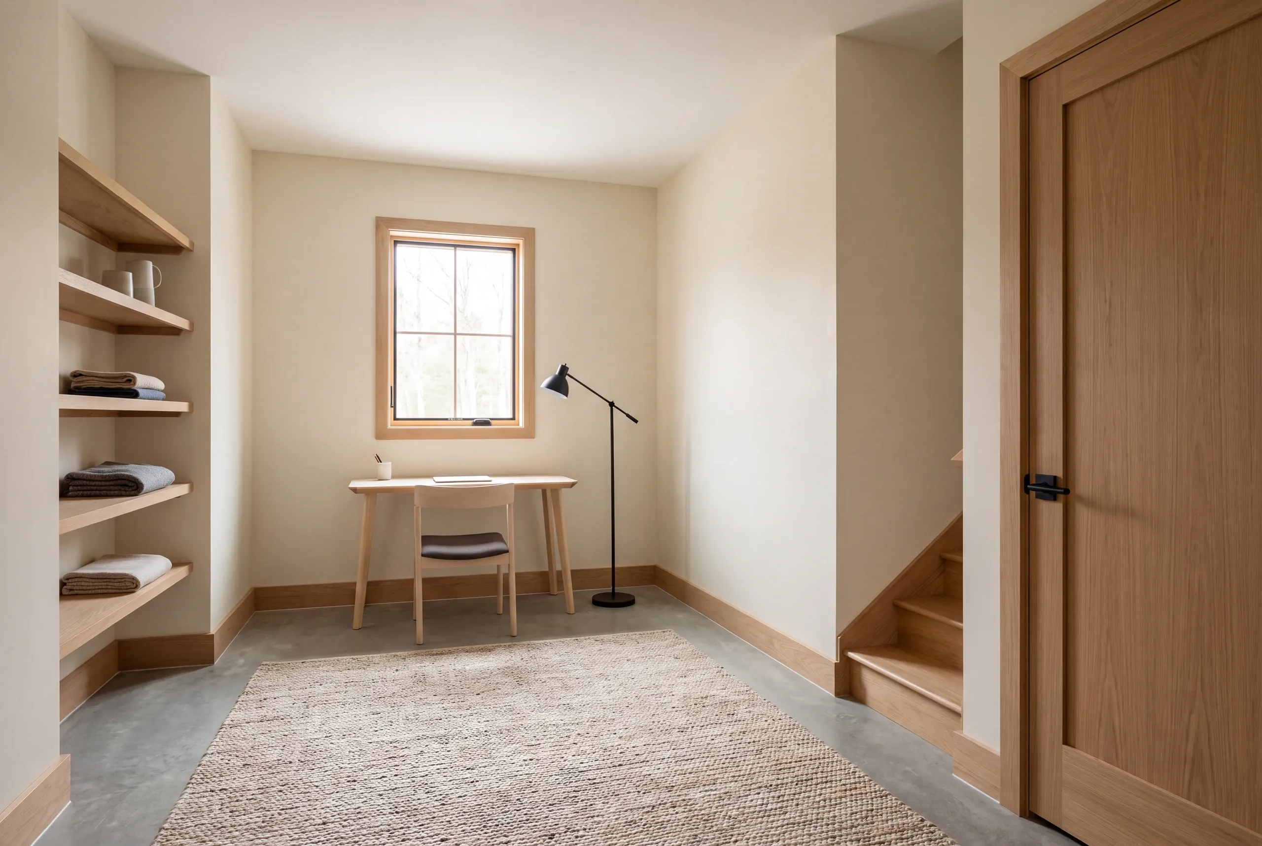 A finished basement room featuring a desk under a window, built-in shelving, a rug on the floor, and wooden trim.