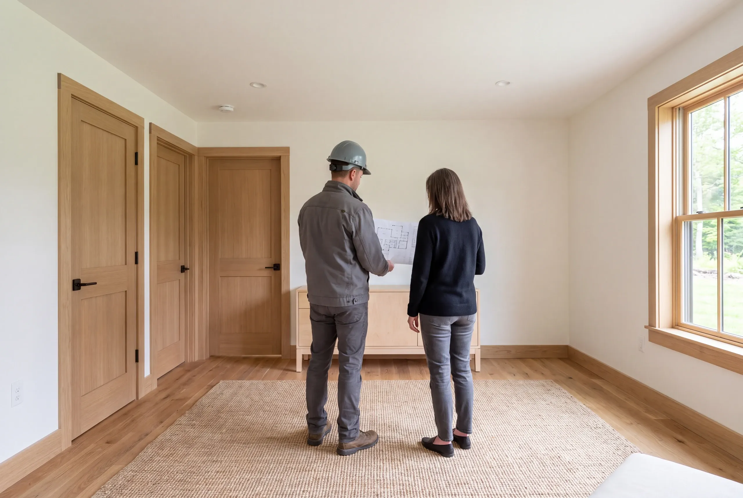 Two people viewed from behind look at a blueprint inside a room with wooden doors and a window.
