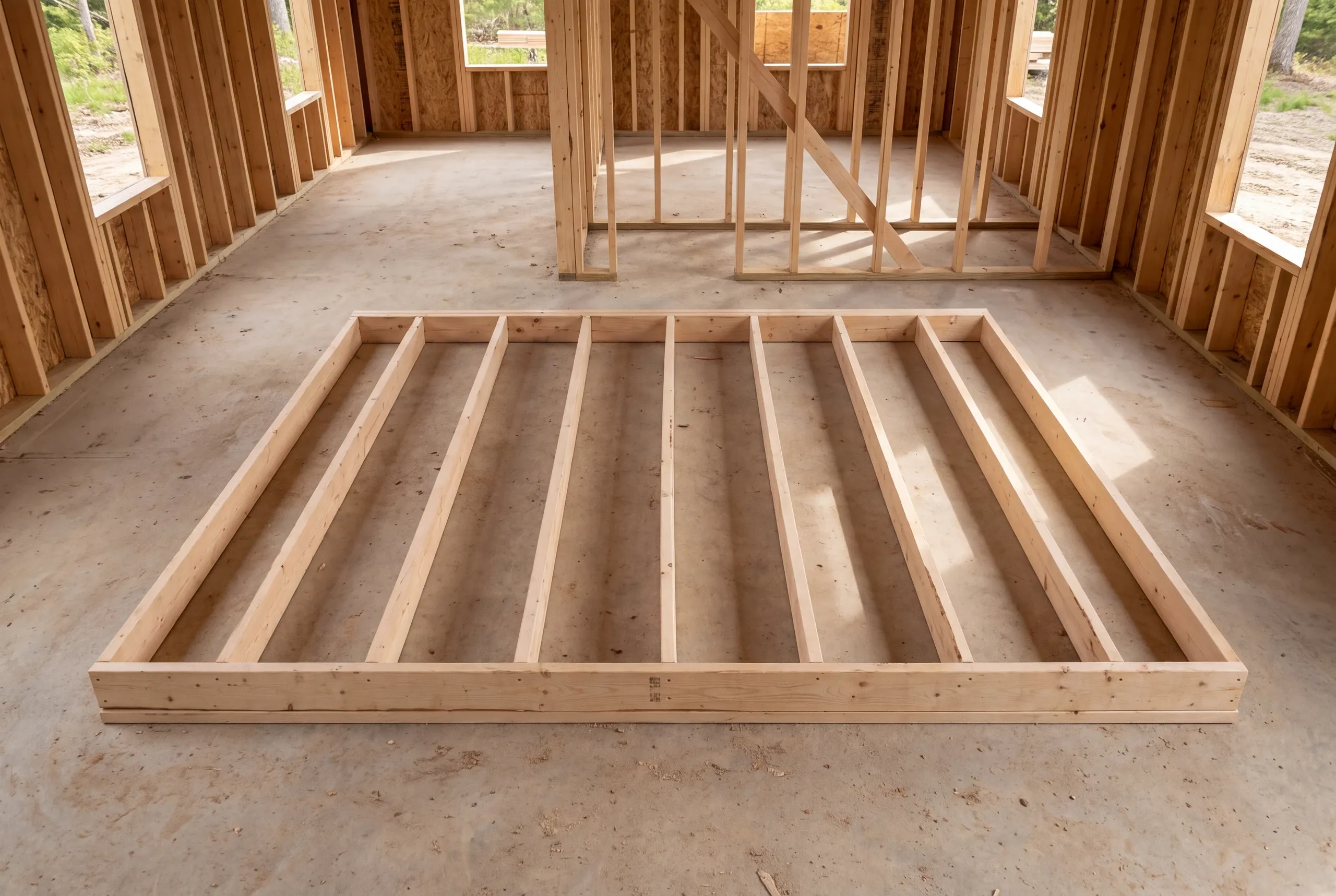 A wooden interior wall frame lies flat on a concrete subfloor inside a building under construction.