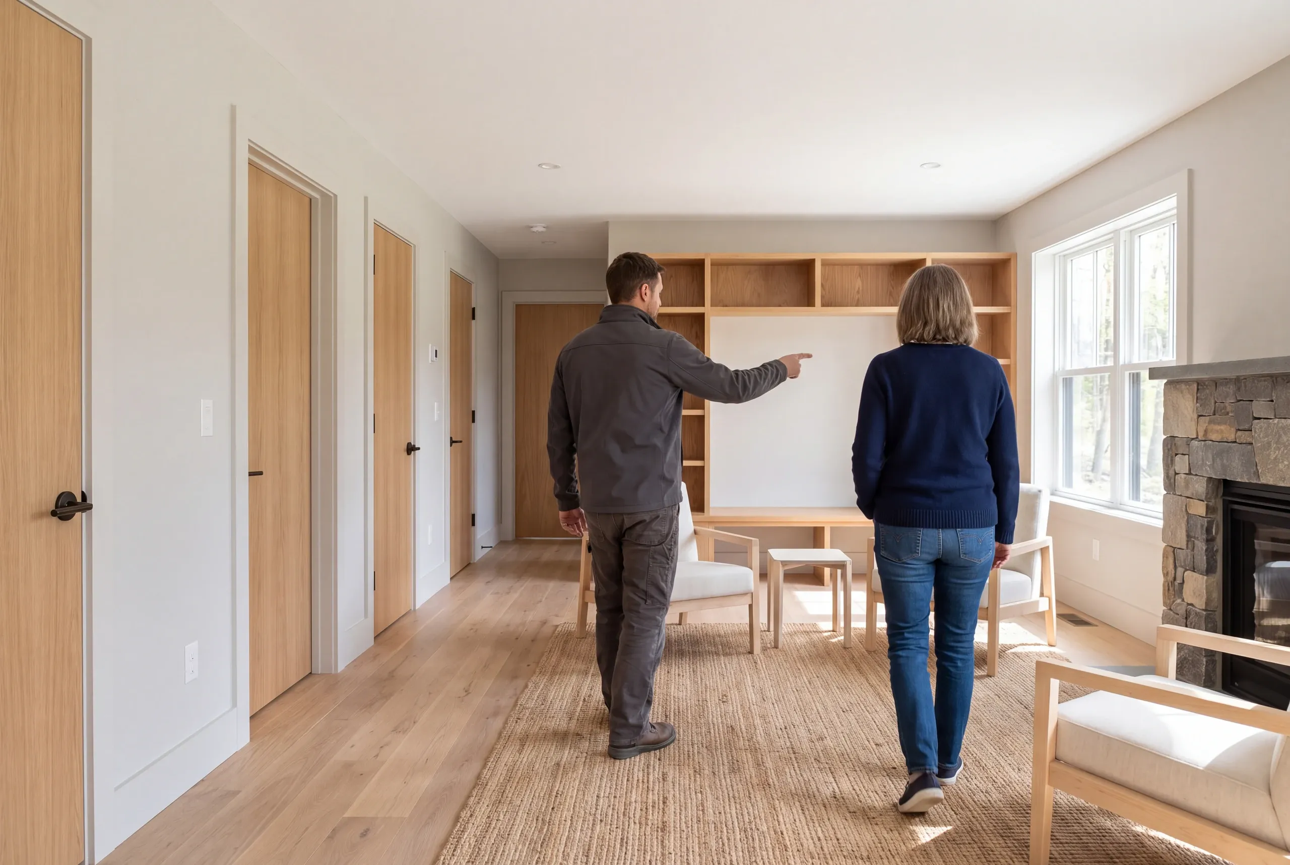 Two adults seen from behind walking in a finished room with wooden floors, built-in shelving, closed doors along a hallway, and a stone fireplace.