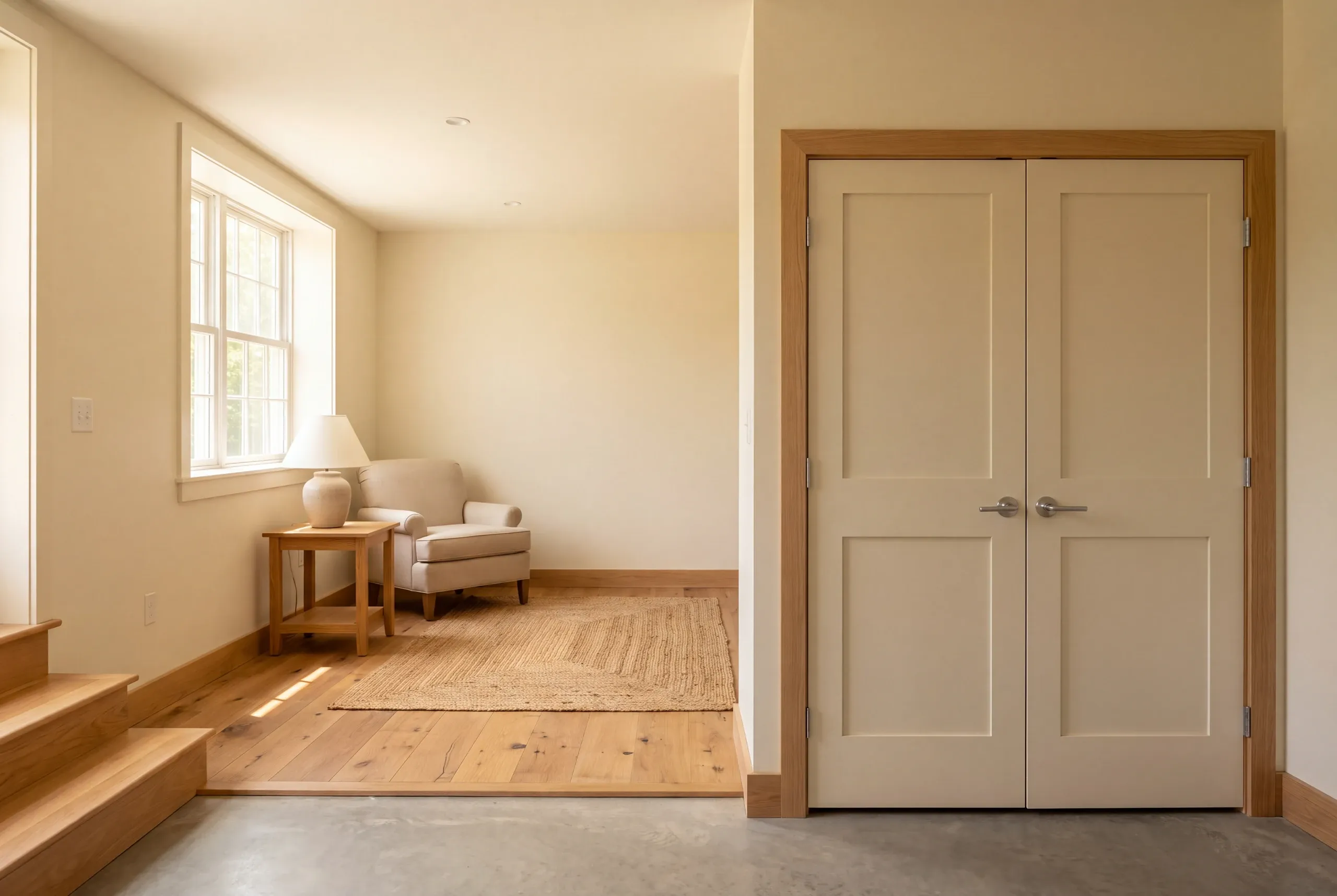 A finished lower-level room with hardwood floors features double closed doors on the right and an armchair with a side table by a window on the left.