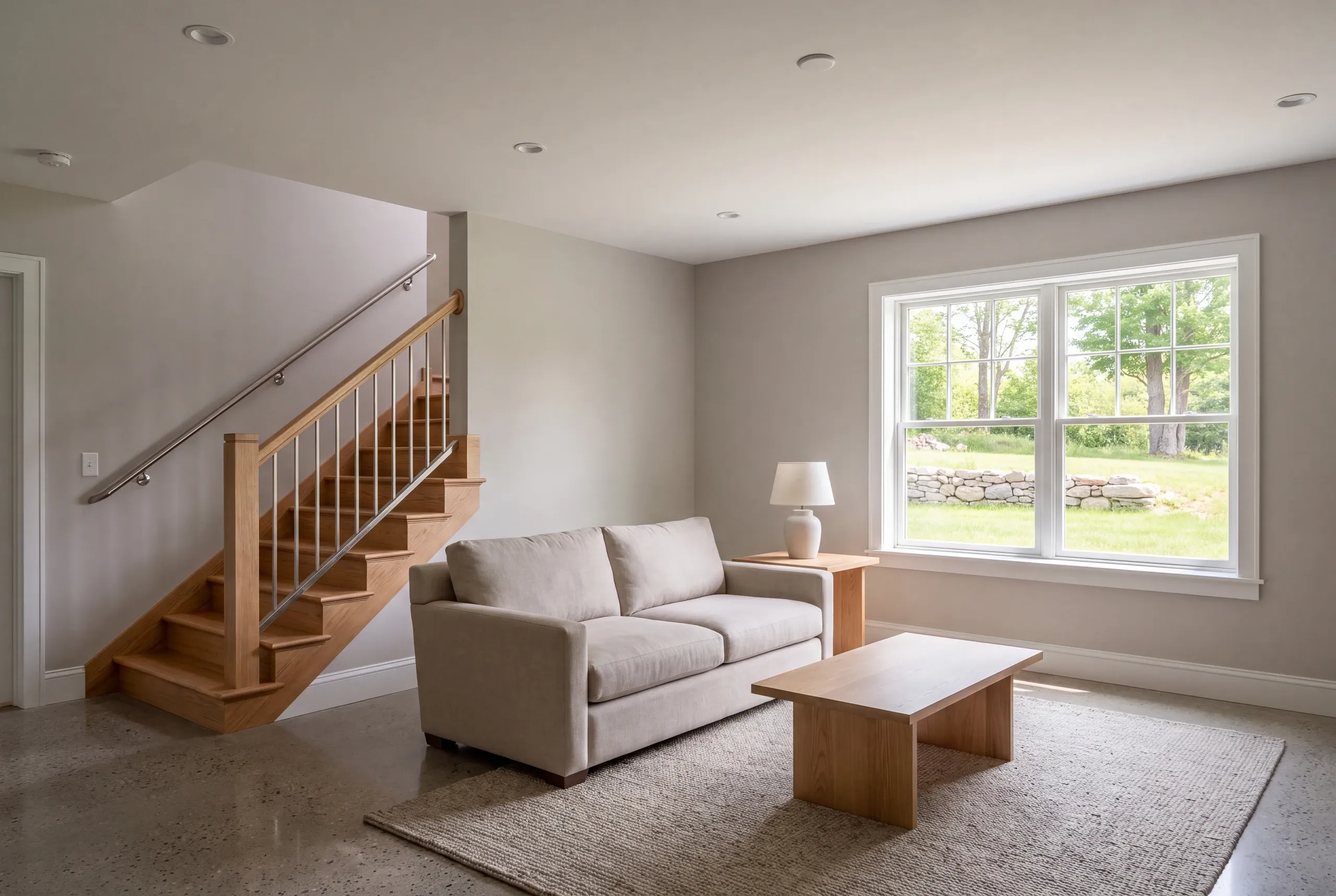 A finished lower-level recreation room with a neutral-toned sofa, a wooden coffee table, a staircase with metal railings, and a window looking out to green trees.