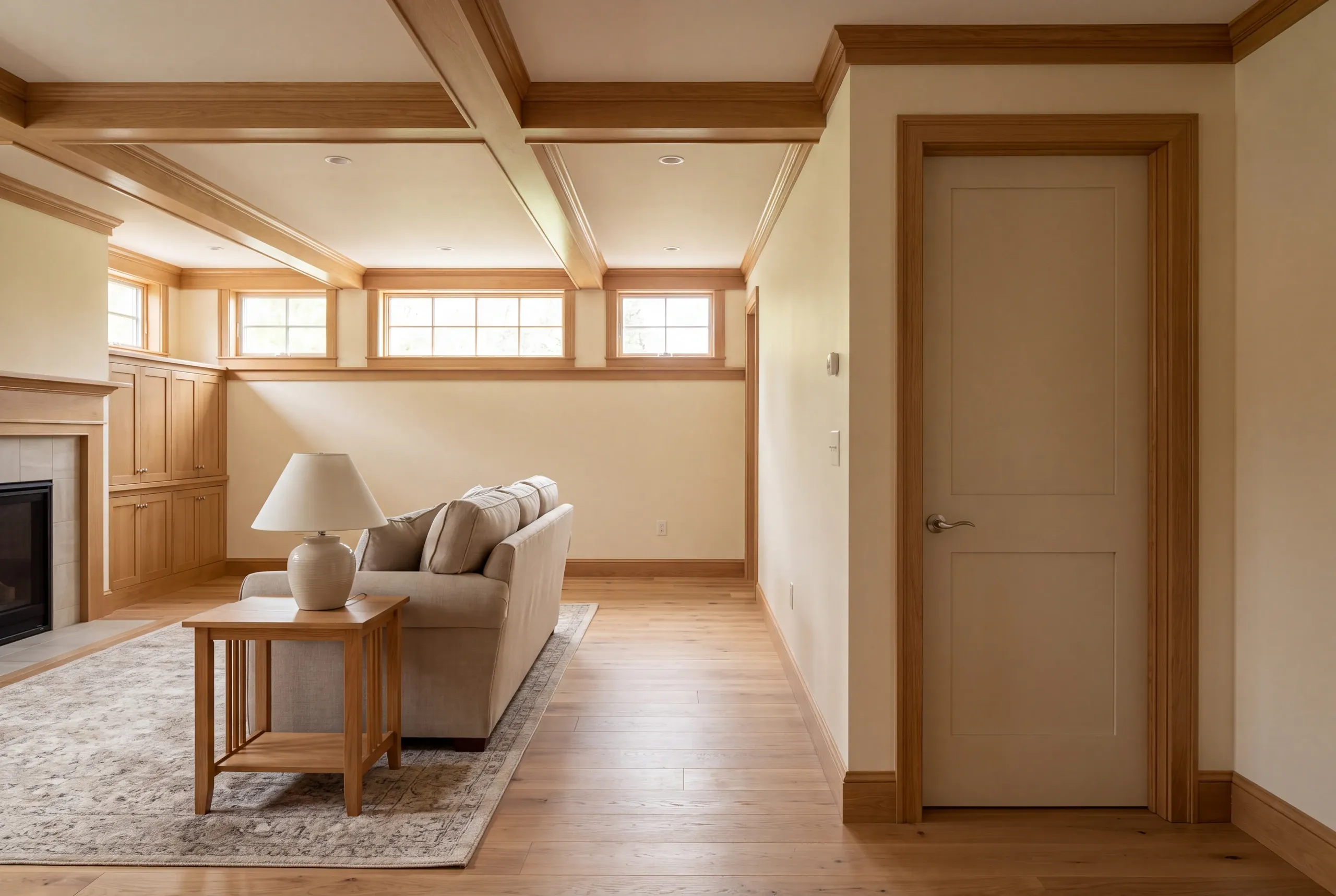A finished basement living room featuring a sofa, end table with lamp, fireplace, and a closed wooden door.