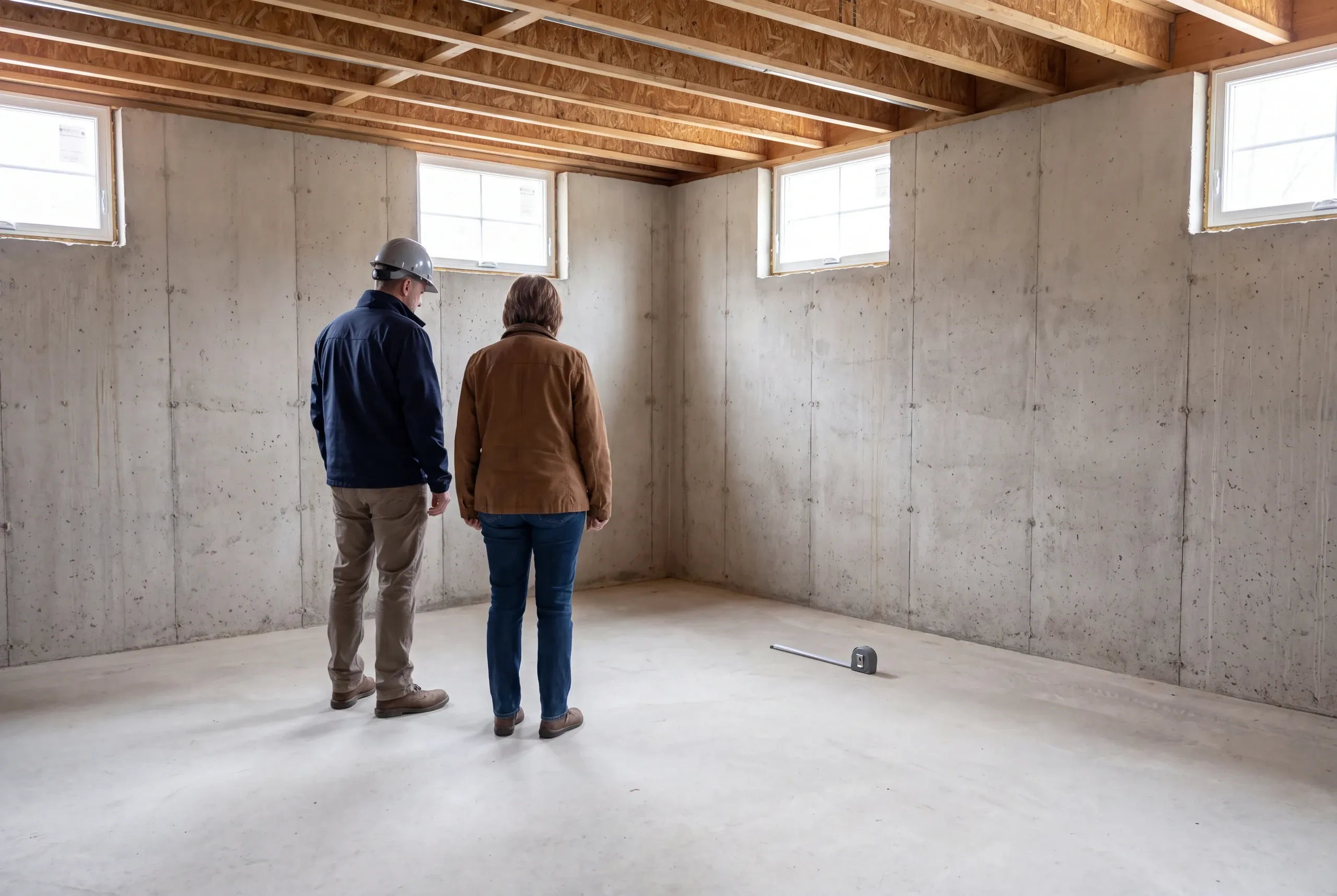 Two adults stand in an unfinished concrete basement with exposed wooden floor joists above, looking toward a corner wall.