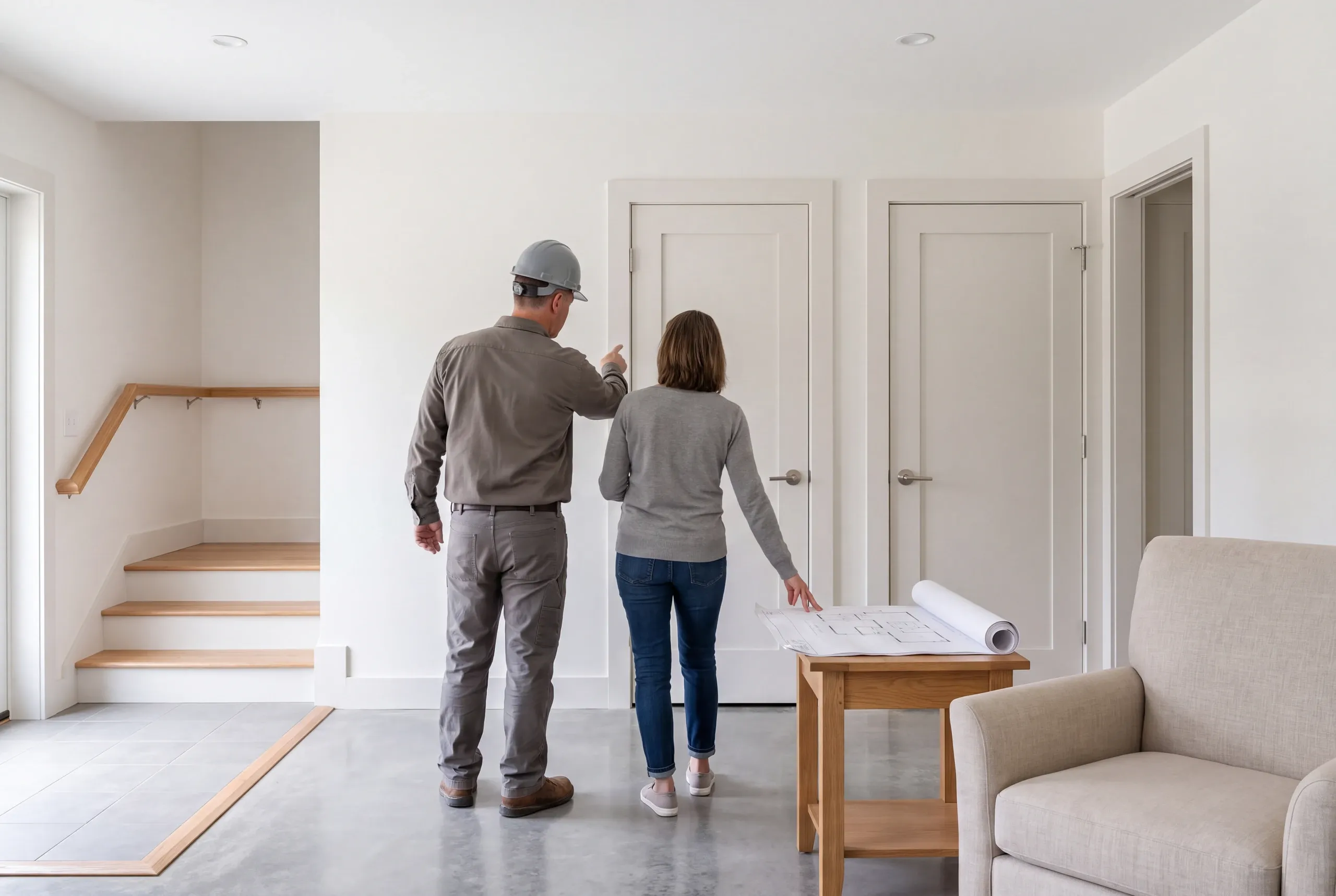 Two adults seen from behind look at closed doors while pointing toward a blueprint on a small wooden table.
