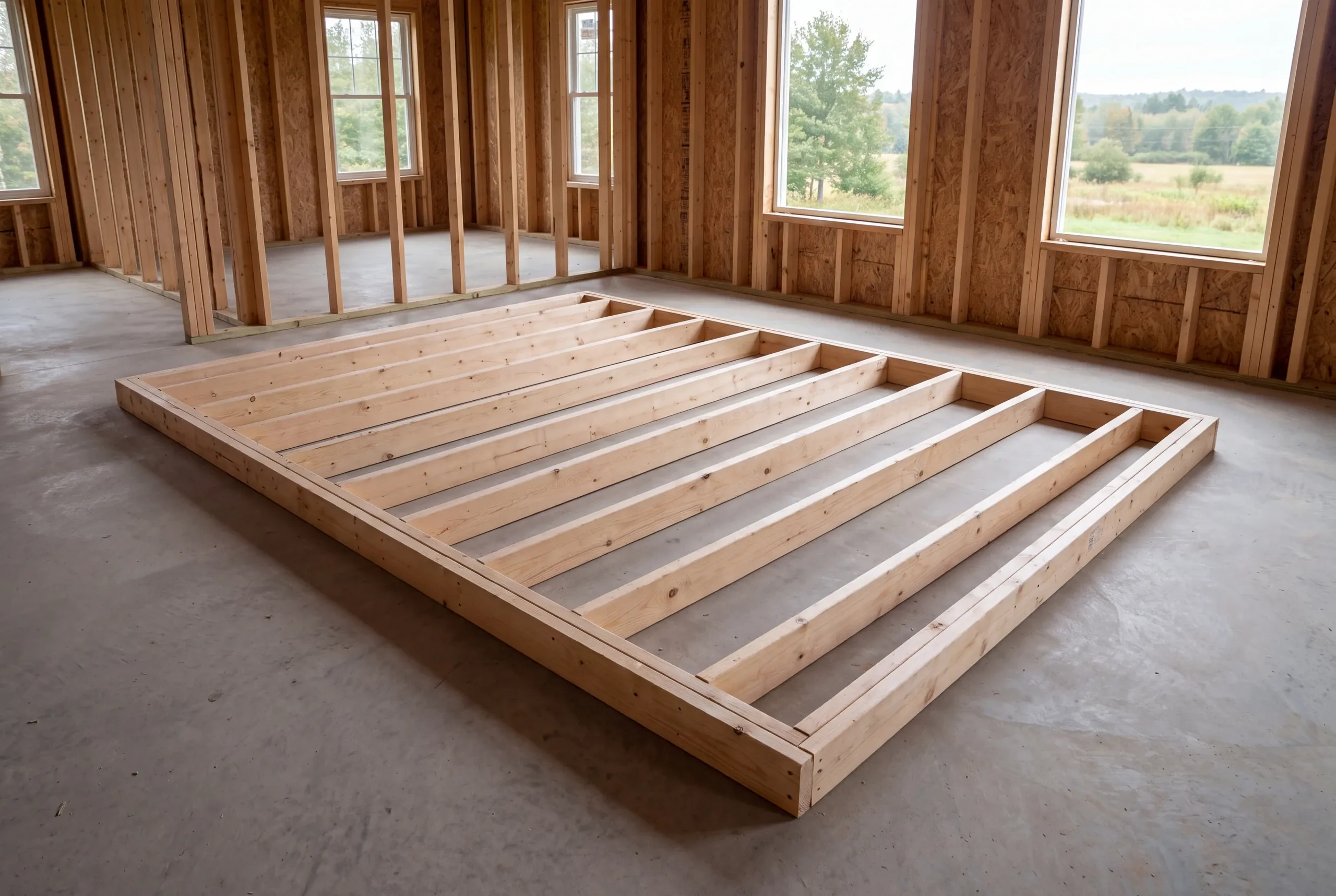 A wooden partition frame lies flat on a concrete slab inside a building under construction with framed walls and windows.