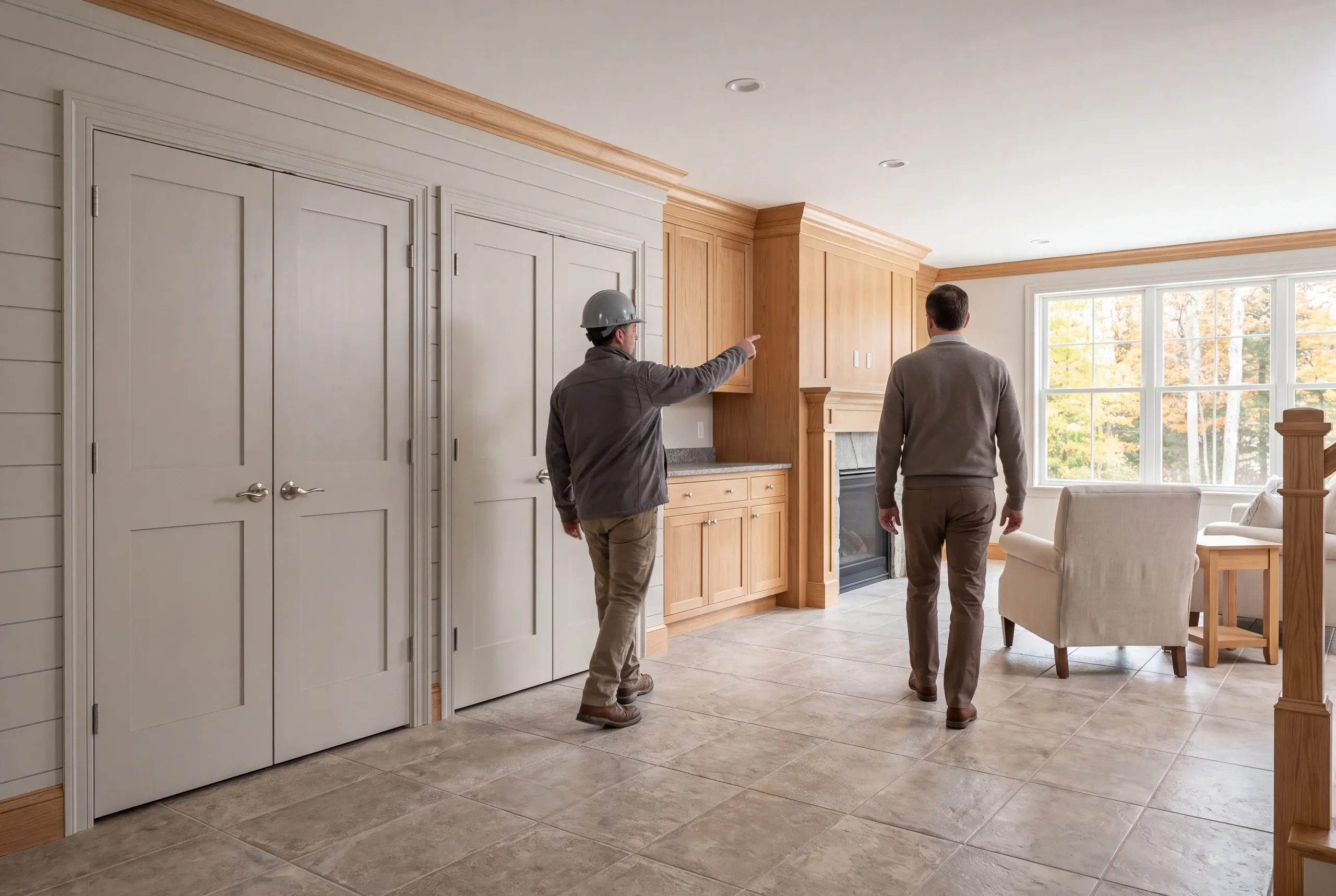 Two adults are seen from behind walking through a finished room with closed doors and built-in cabinetry.
