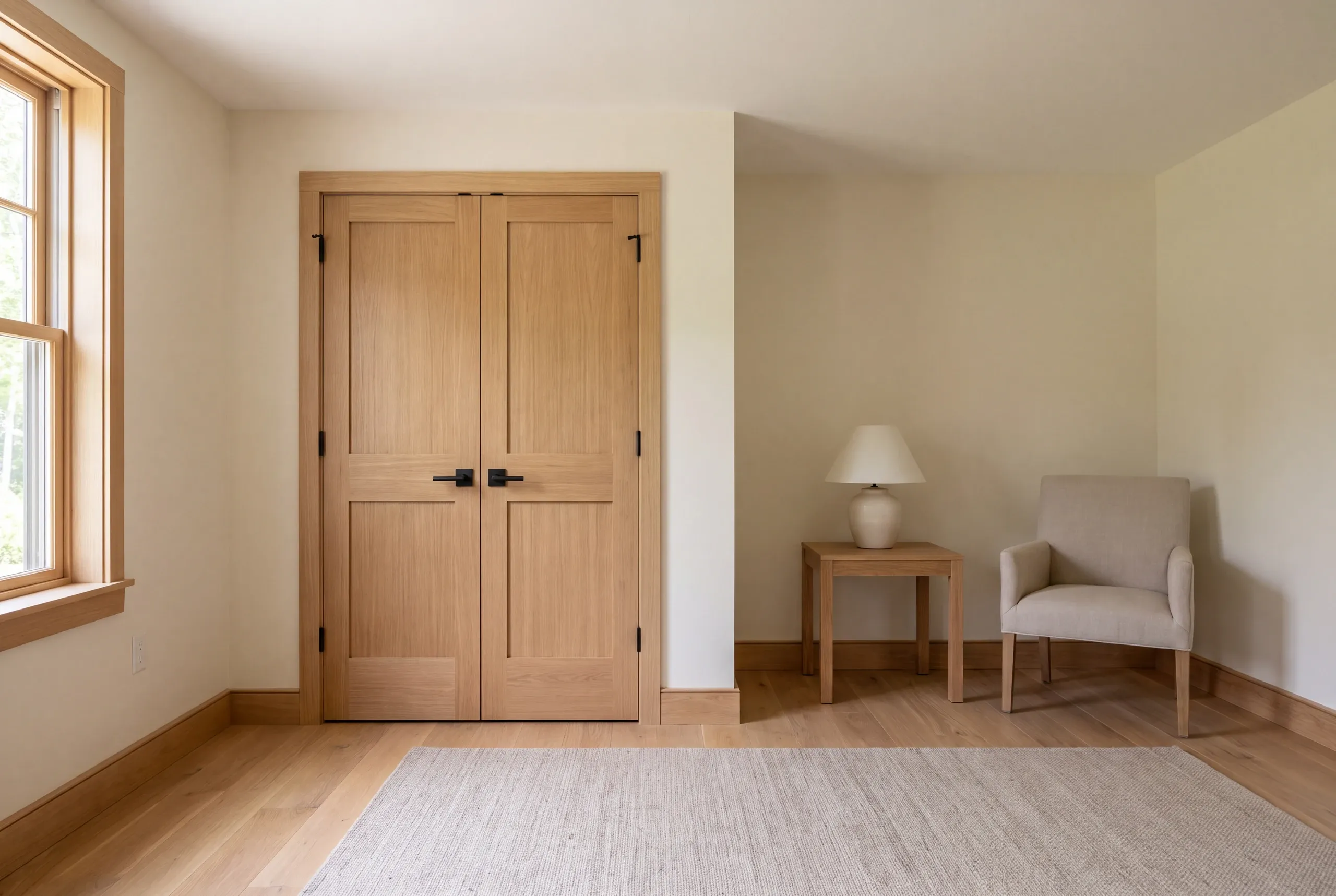 A finished room with light hardwood flooring, closed double wooden doors, a small side table with a lamp, and an armchair.