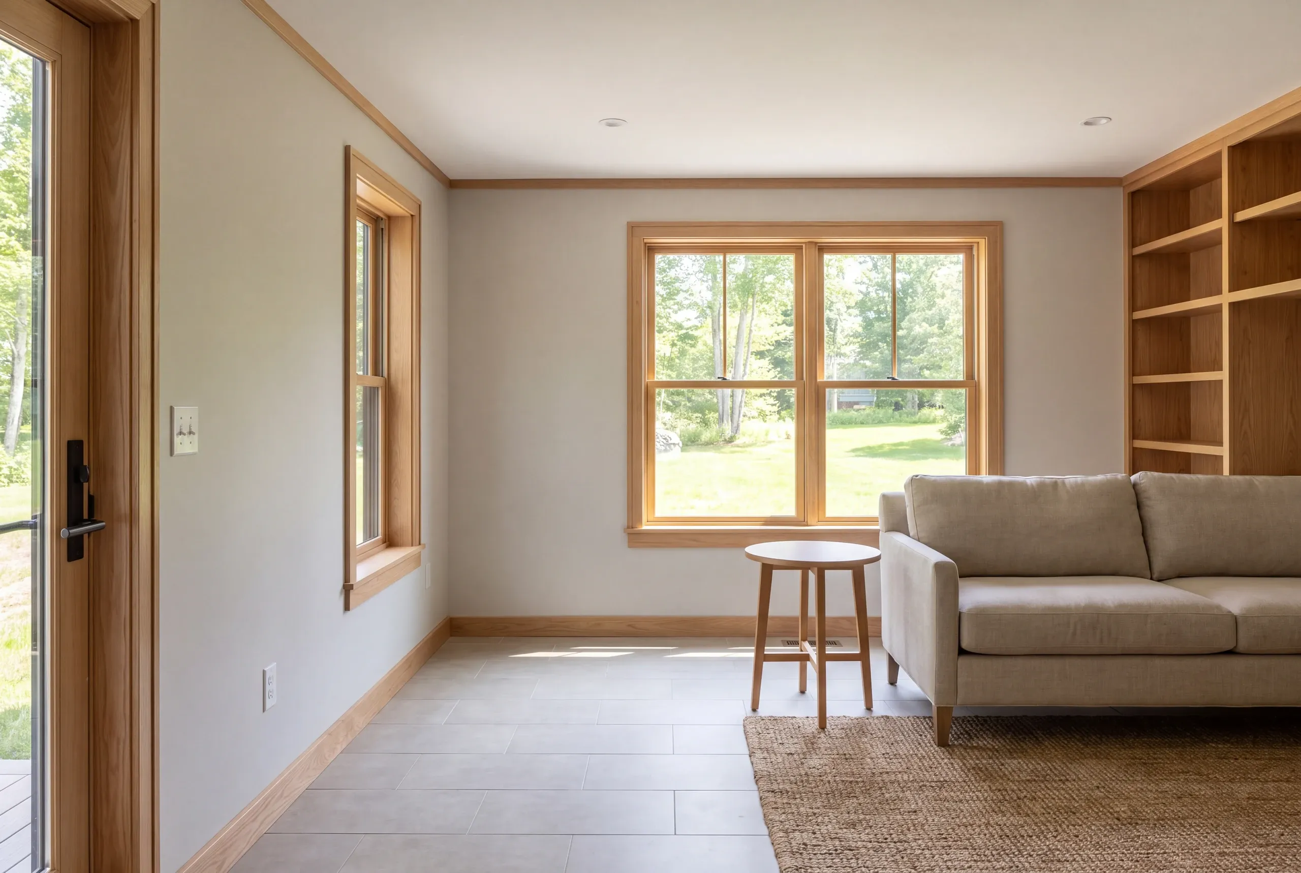 A finished room with light-colored tile flooring, light walls, wooden trim, a small round table, a beige sofa, and built-in wooden shelving.