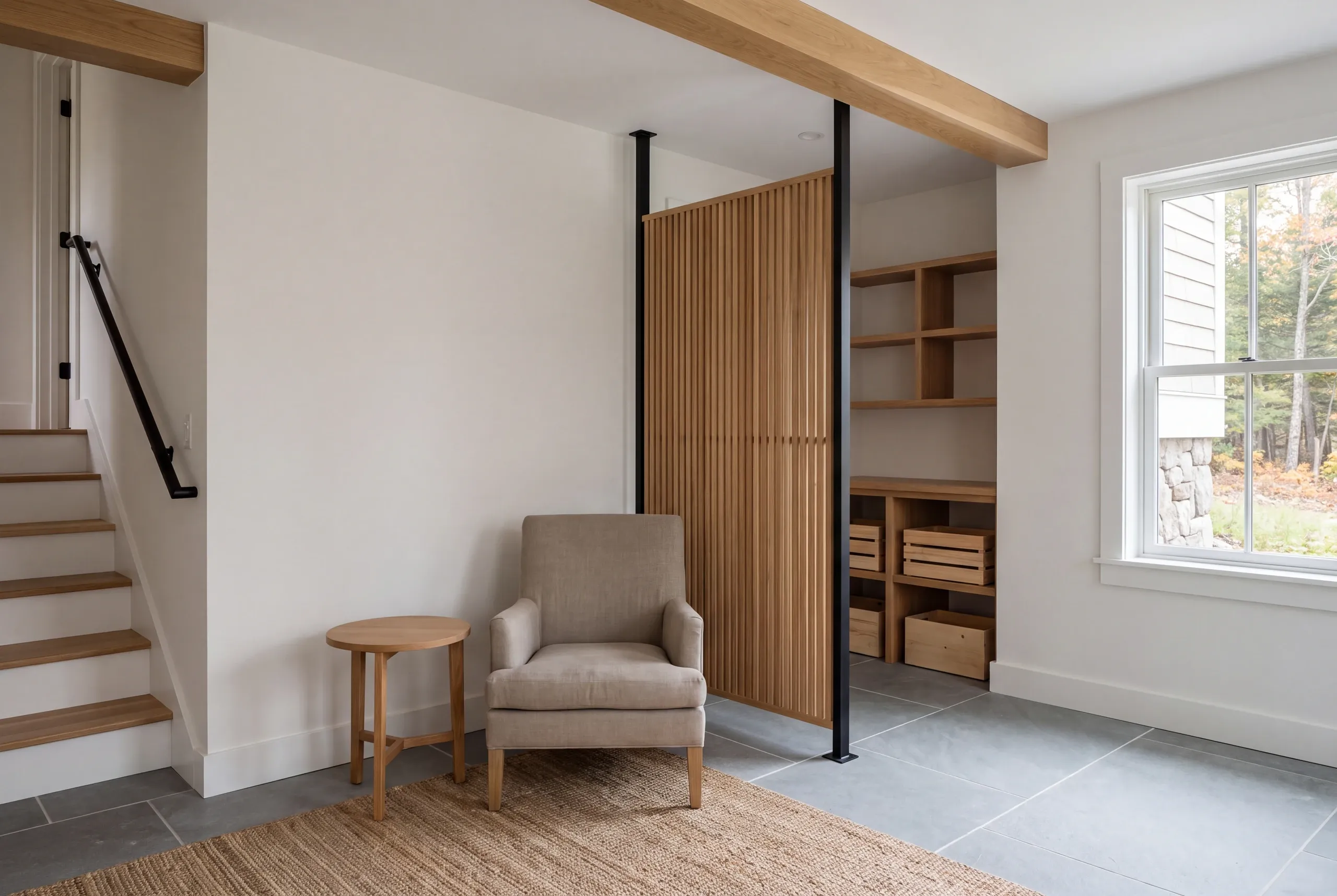 A finished basement interior features a sitting area with an armchair, a small round table, and a wooden slat partition separating a storage space with shelving.
