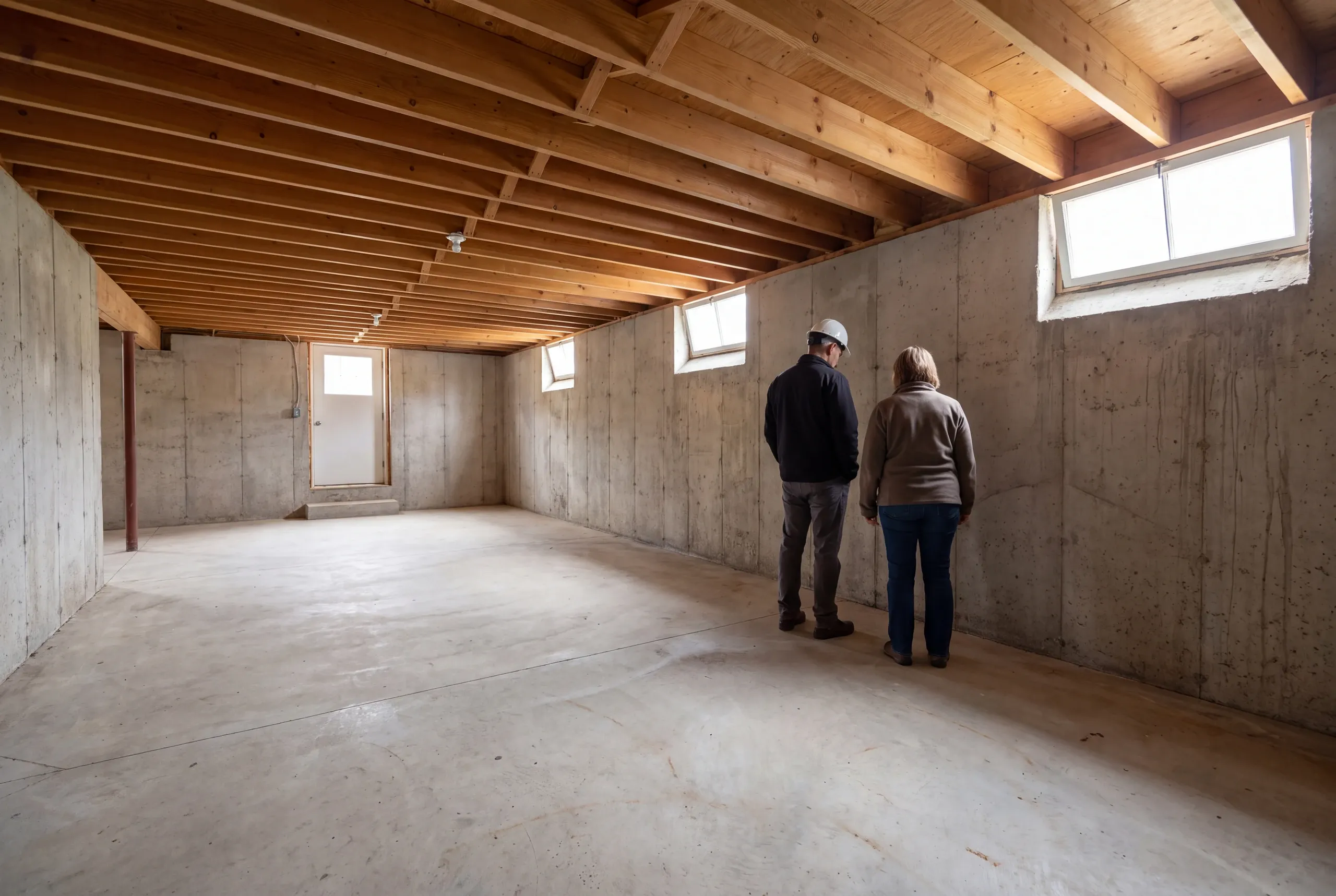 Two people stand in an unfinished concrete basement with exposed wooden ceiling joists.
