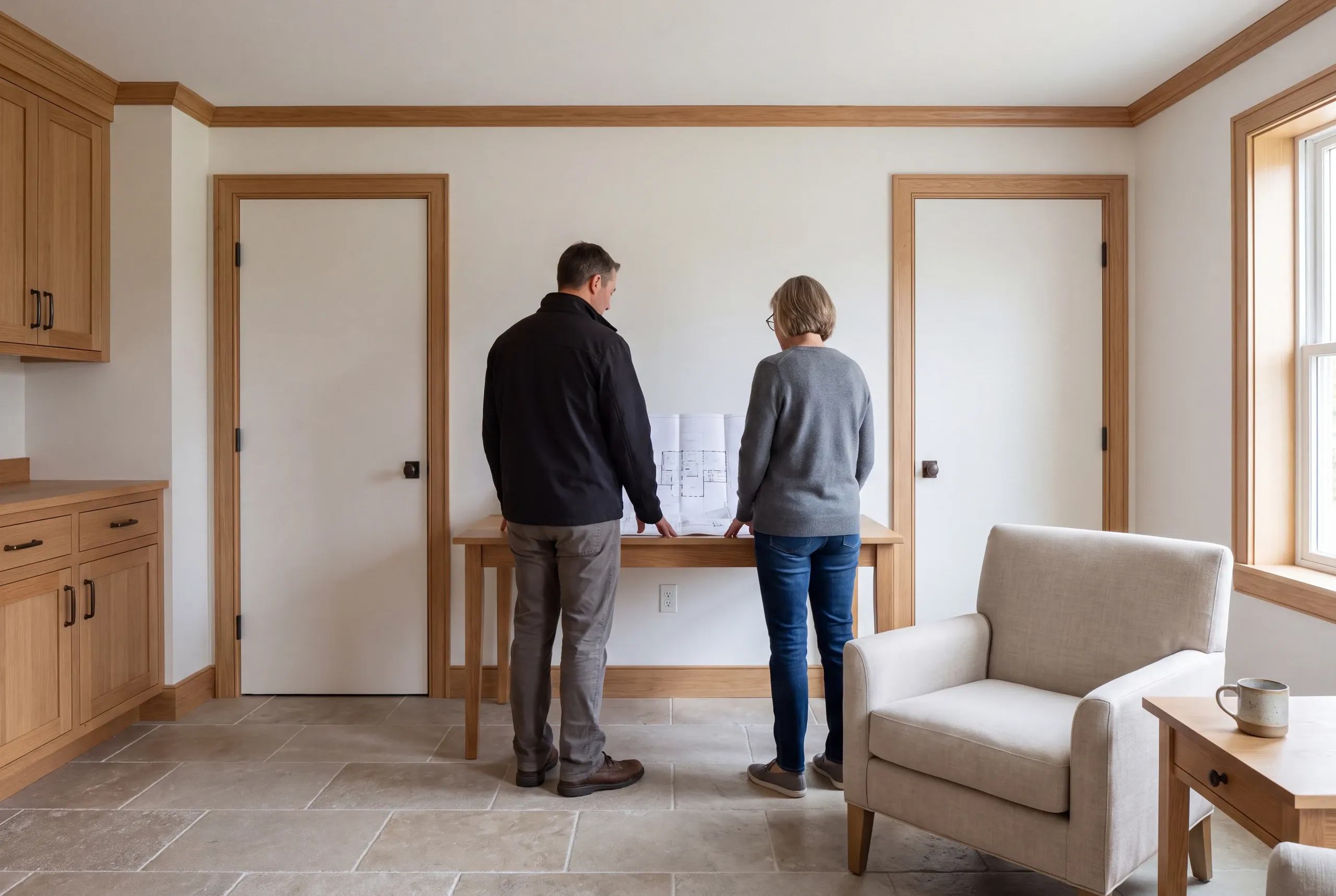 Two adults stand from behind reviewing a blueprint on a wooden table in a finished room with tiled flooring, wooden cabinetry, and closed doors.