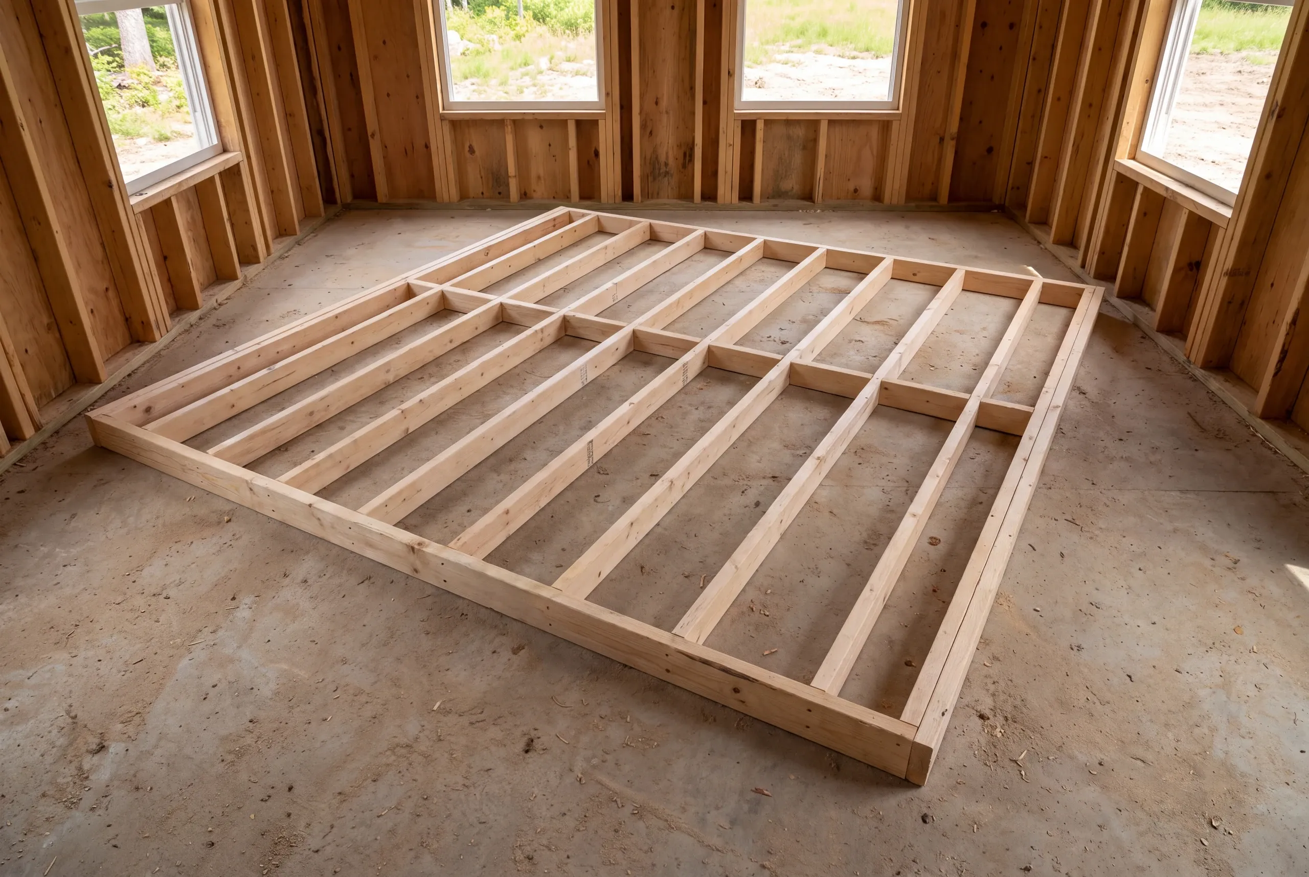A rectangular wooden partition wall frame lies flat on a concrete floor inside an uncompleted framed room with windows.