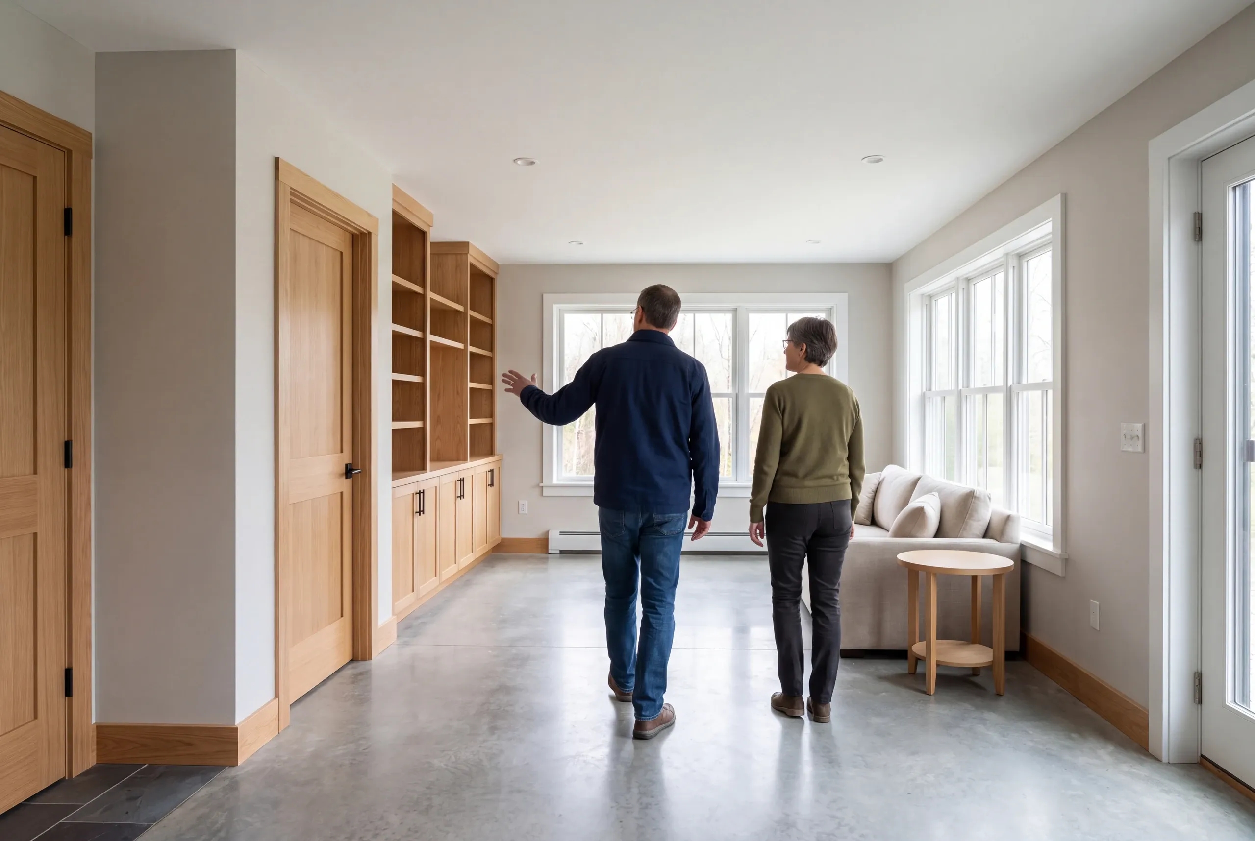 Two adults seen from behind walking across a finished concrete floor in a room with built-in wooden shelving, a sofa, and wooden doors.